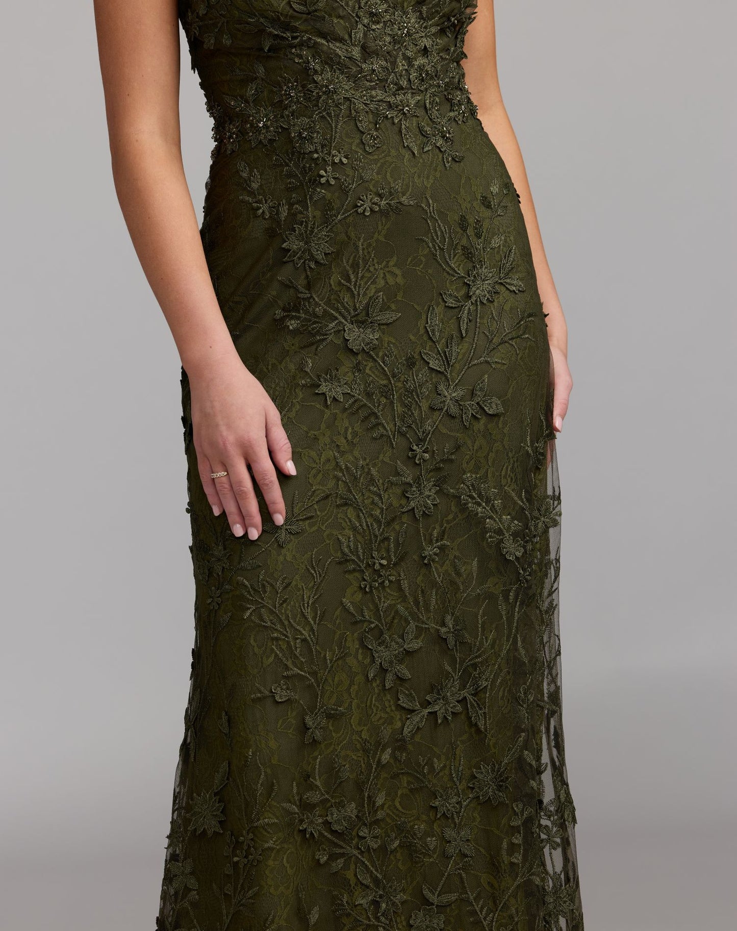 Green Embroidered Applique Wrap Over Flutter Sleeve Gown - Mac Duggal
