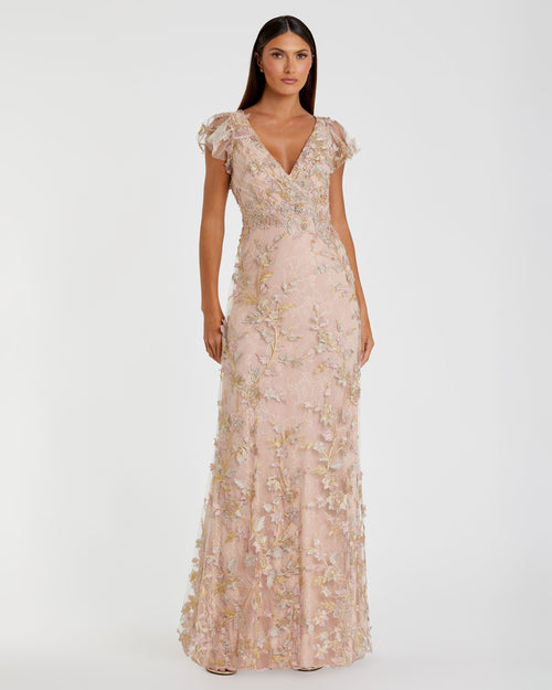 Embroidered Applique Wrap Over Flutter Sleeve Gown