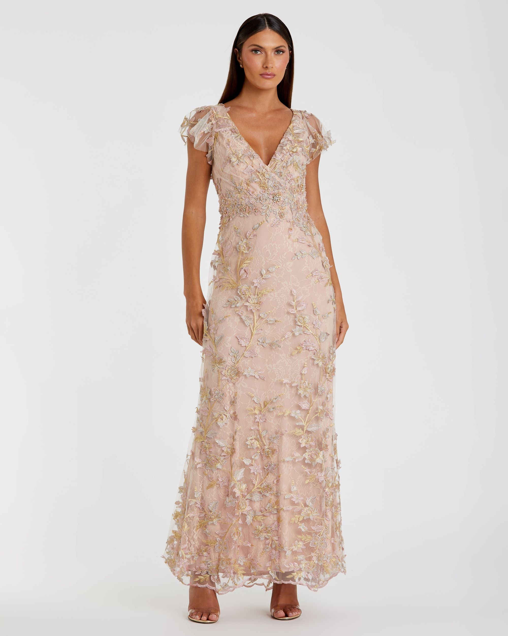 Embroidered Applique Wrap Over Flutter Sleeve Gown