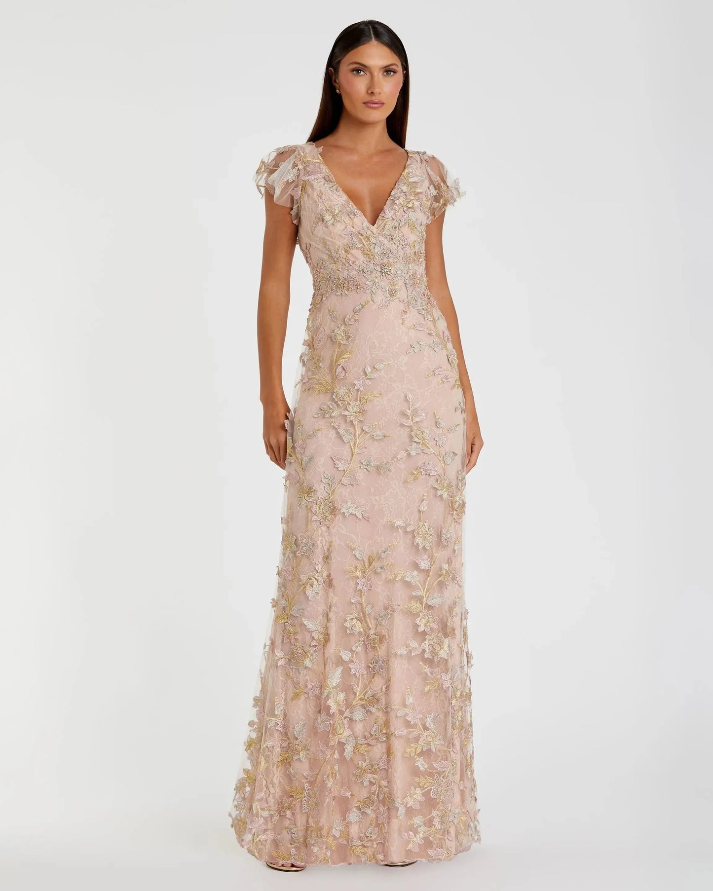 Mac Duggal Embroidered Floral Appliqu Flutter Sleeve Gown - Rose Gold Mac Duggal Embroidered Floral Appliqu Flutter Sleeve Gown - Rose Gold