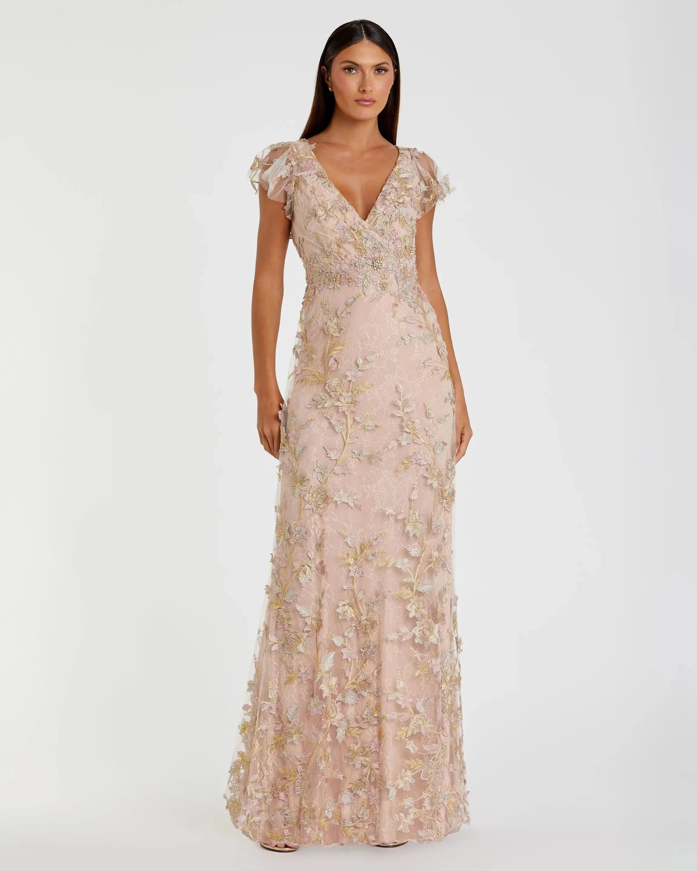Pink Embroidered Applique Wrap Over Flutter Sleeve Gown - Mac Duggal