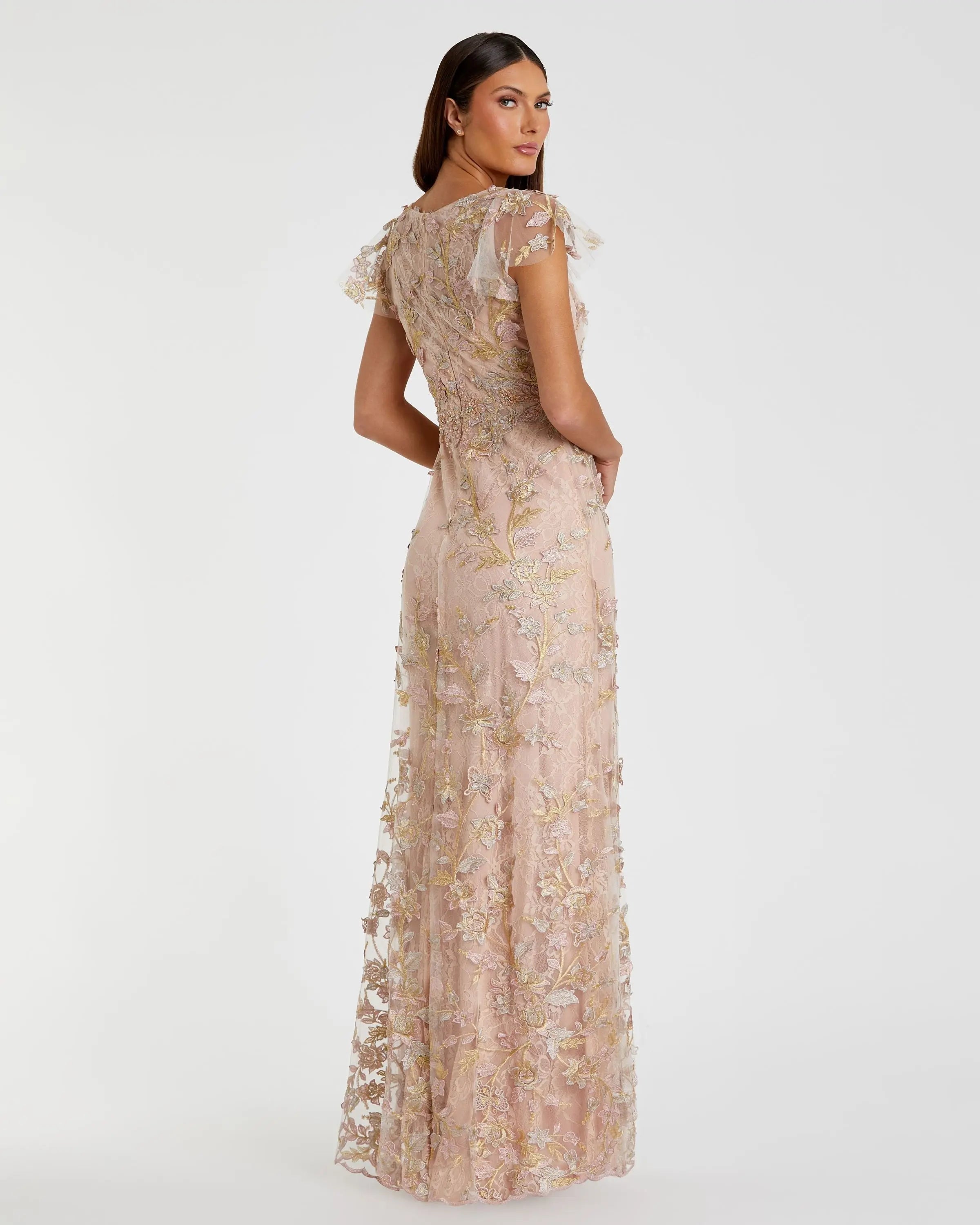 Pink Embroidered Applique Wrap Over Flutter Sleeve Gown - Mac Duggal