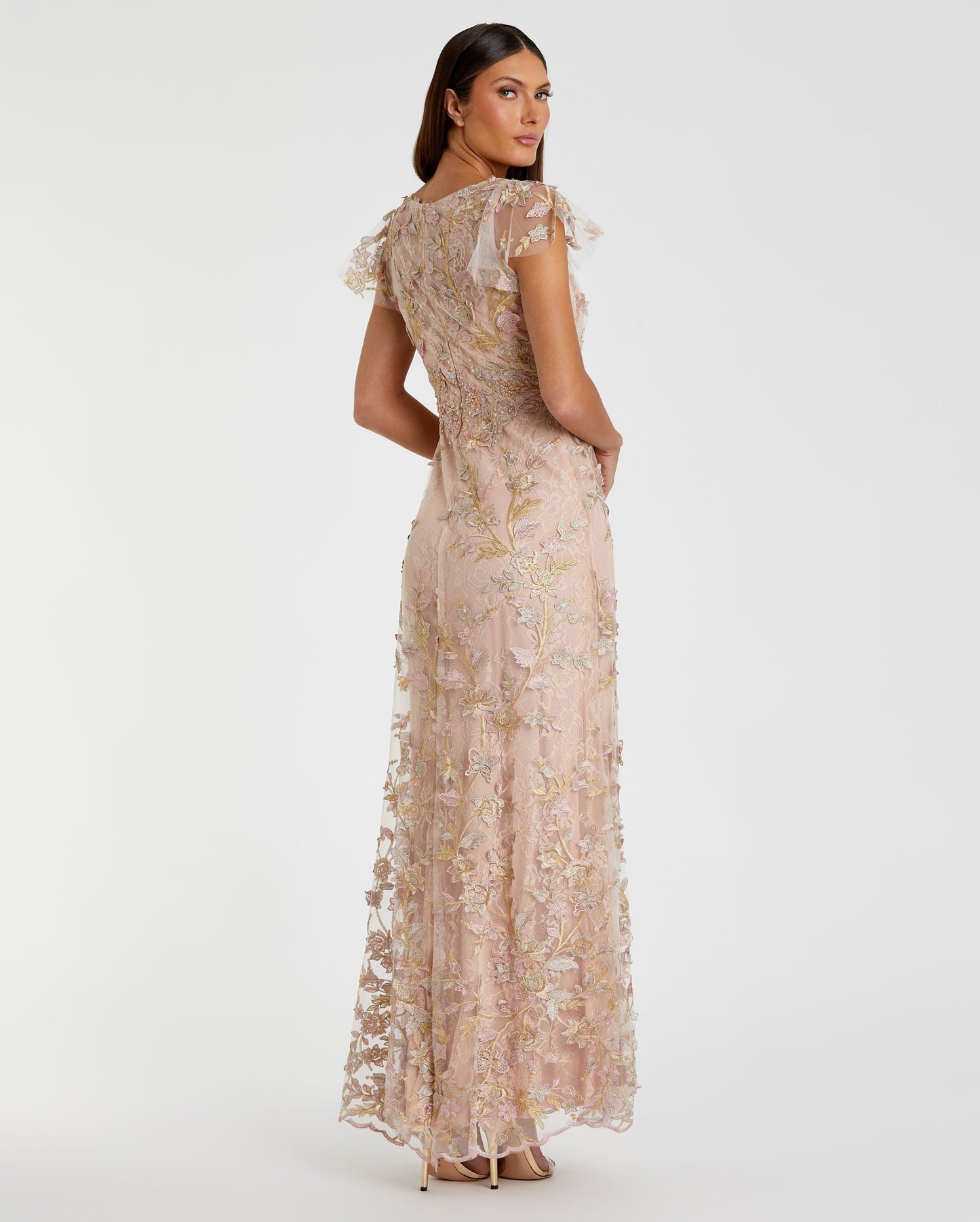 Embroidered Applique Wrap Over Flutter Sleeve Gown