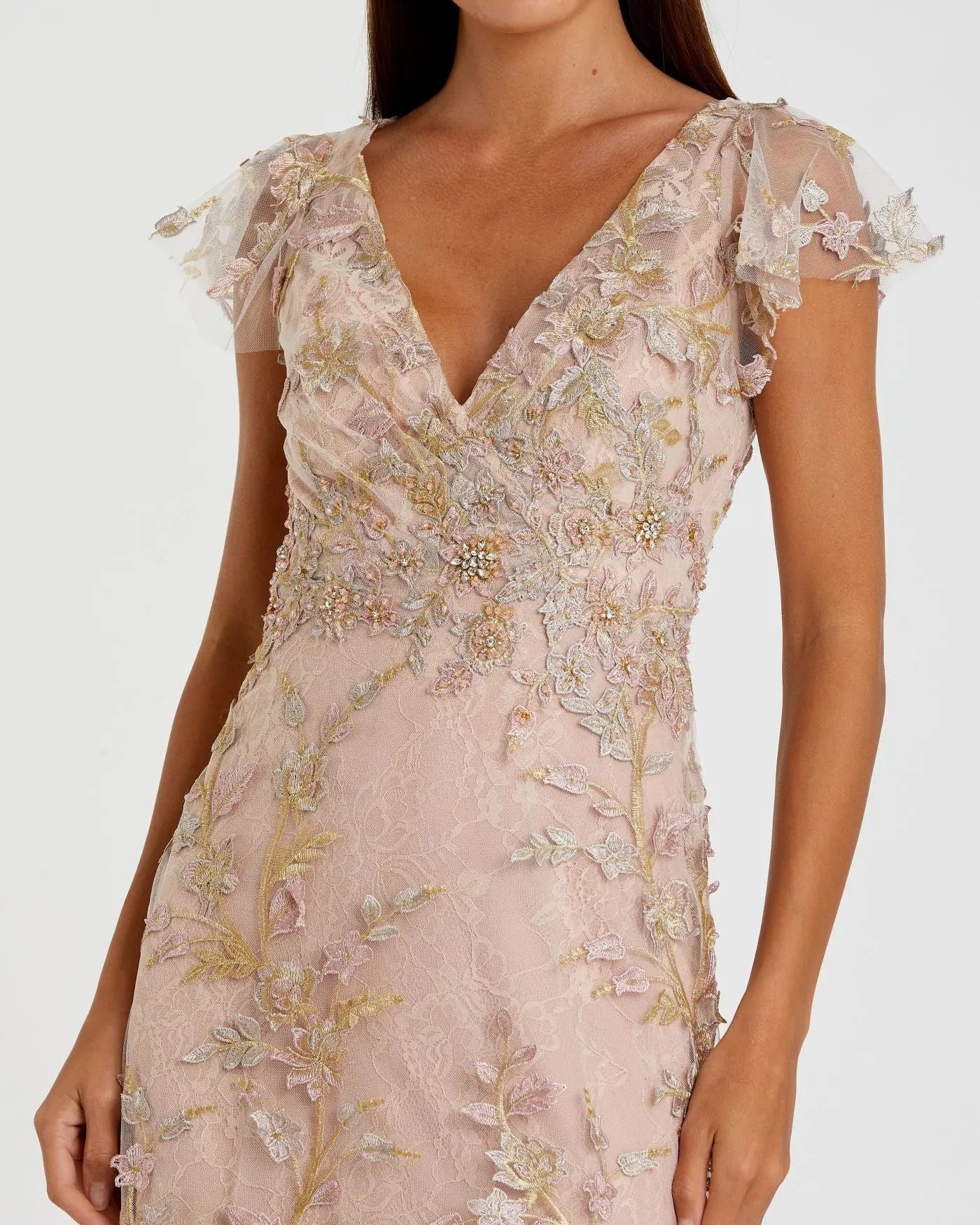Blue Embroidered Applique Wrap Over Flutter Sleeve Gown