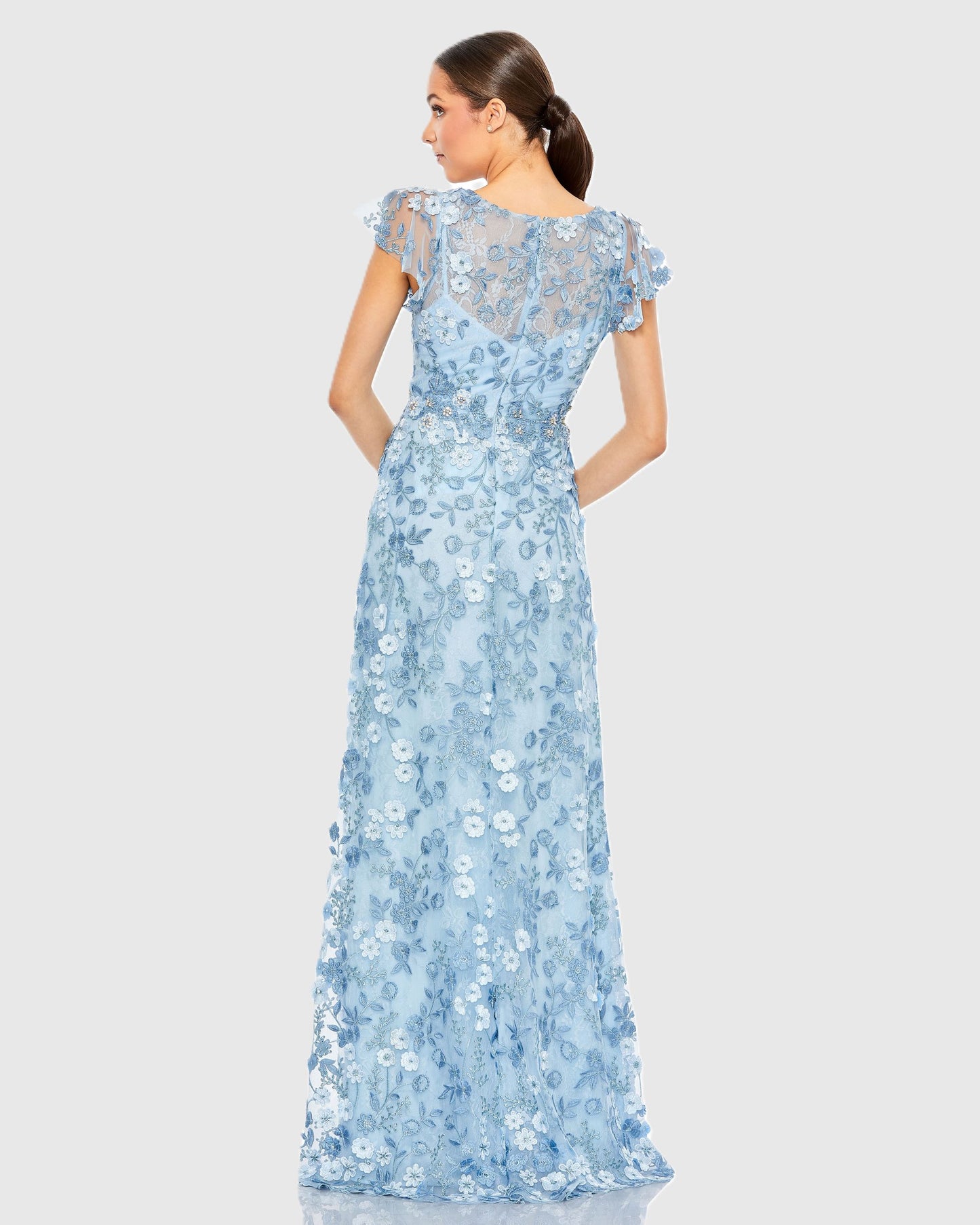 Blue Embroidered Applique Wrap Over Flutter Sleeve Gown