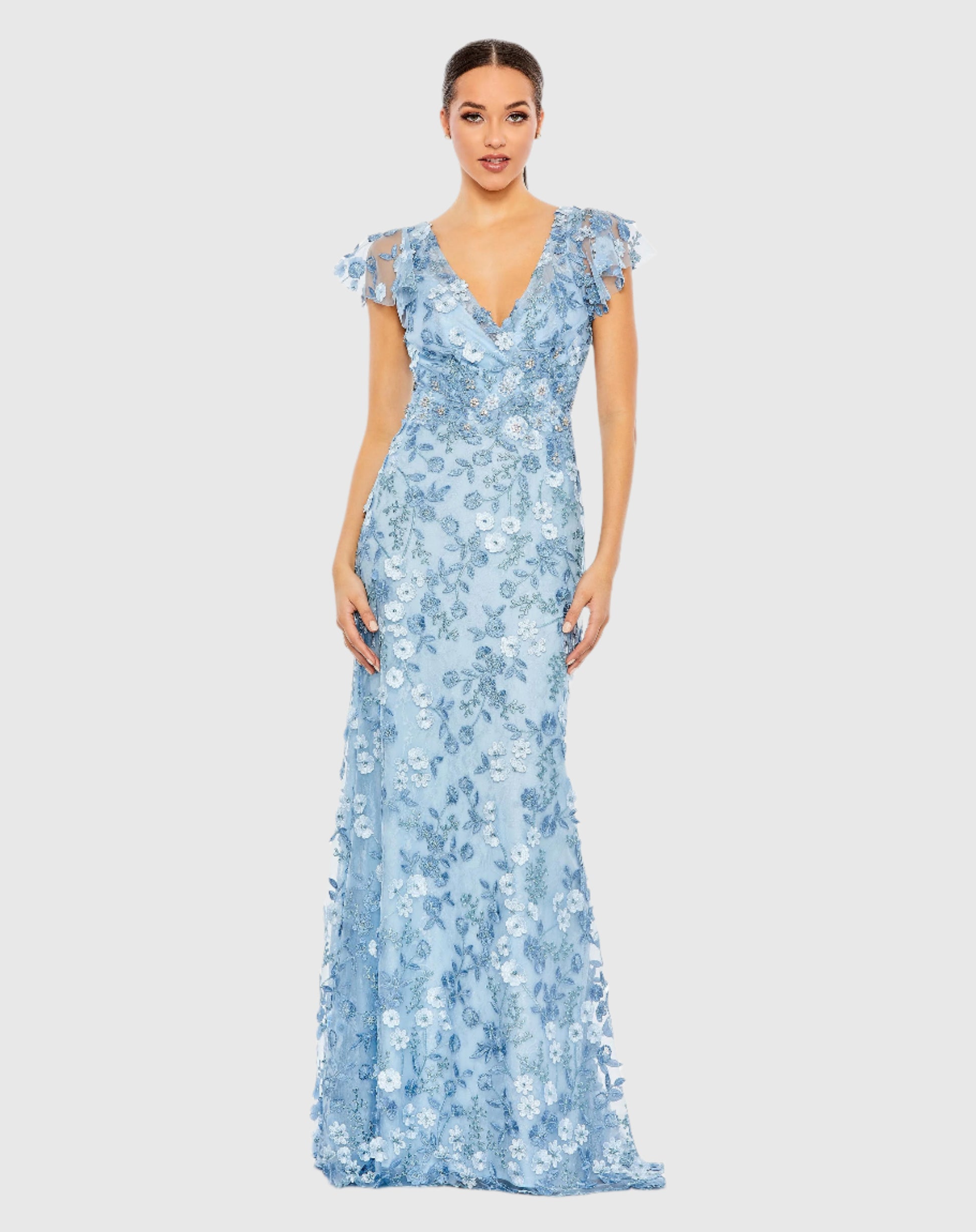 Blue Embroidered Applique Wrap Over Flutter Sleeve Gown