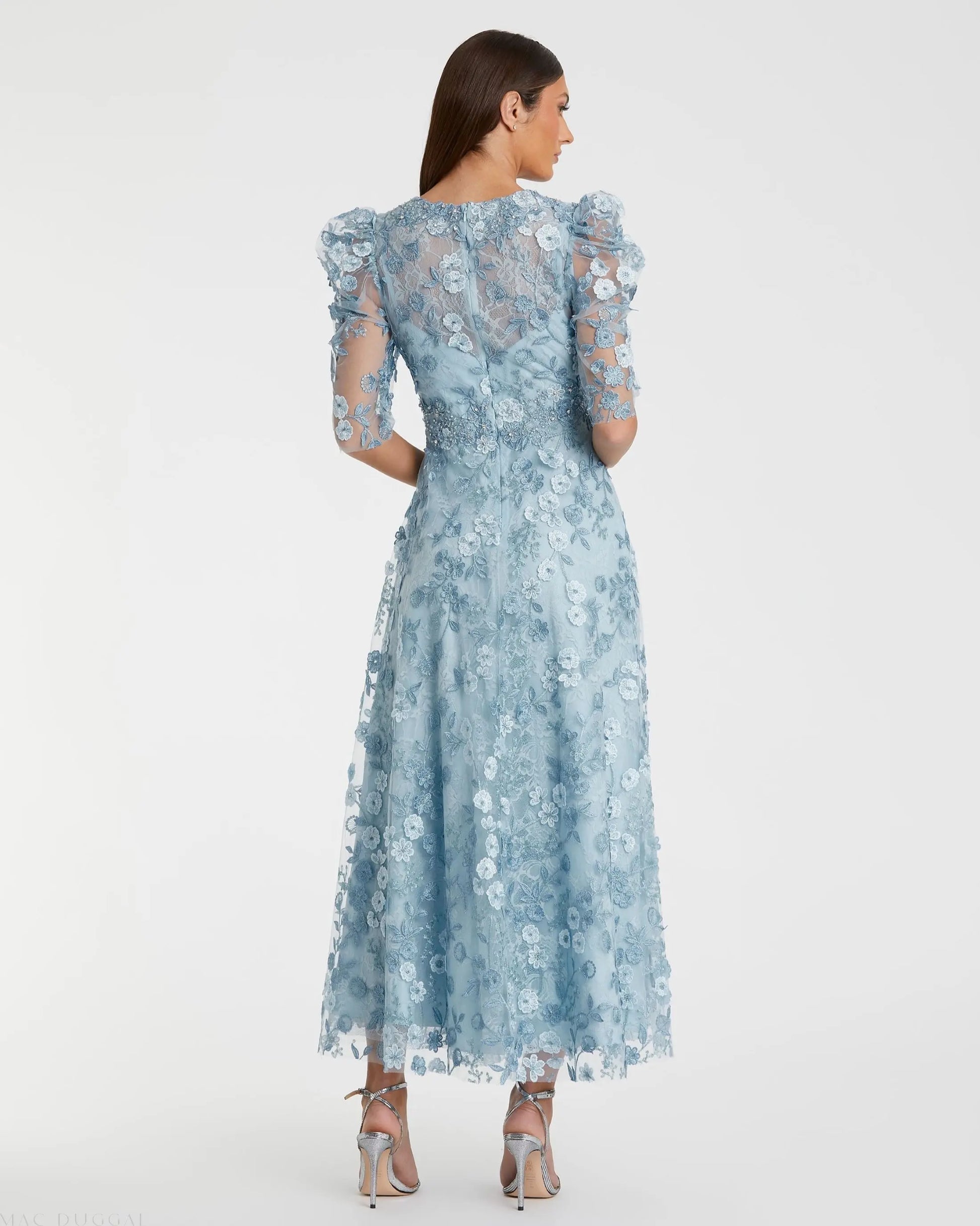 Blue Applique High Neck Puff Sleeve A Line Dress | Mac Duggal Blue Applique High Neck Puff Sleeve A Line Dress | Mac Duggal