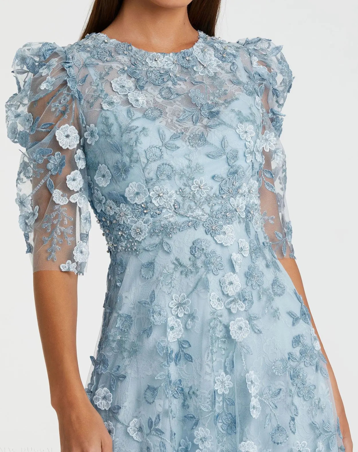 Blue Applique High Neck Puff Sleeve A Line Dress - Mac Duggal