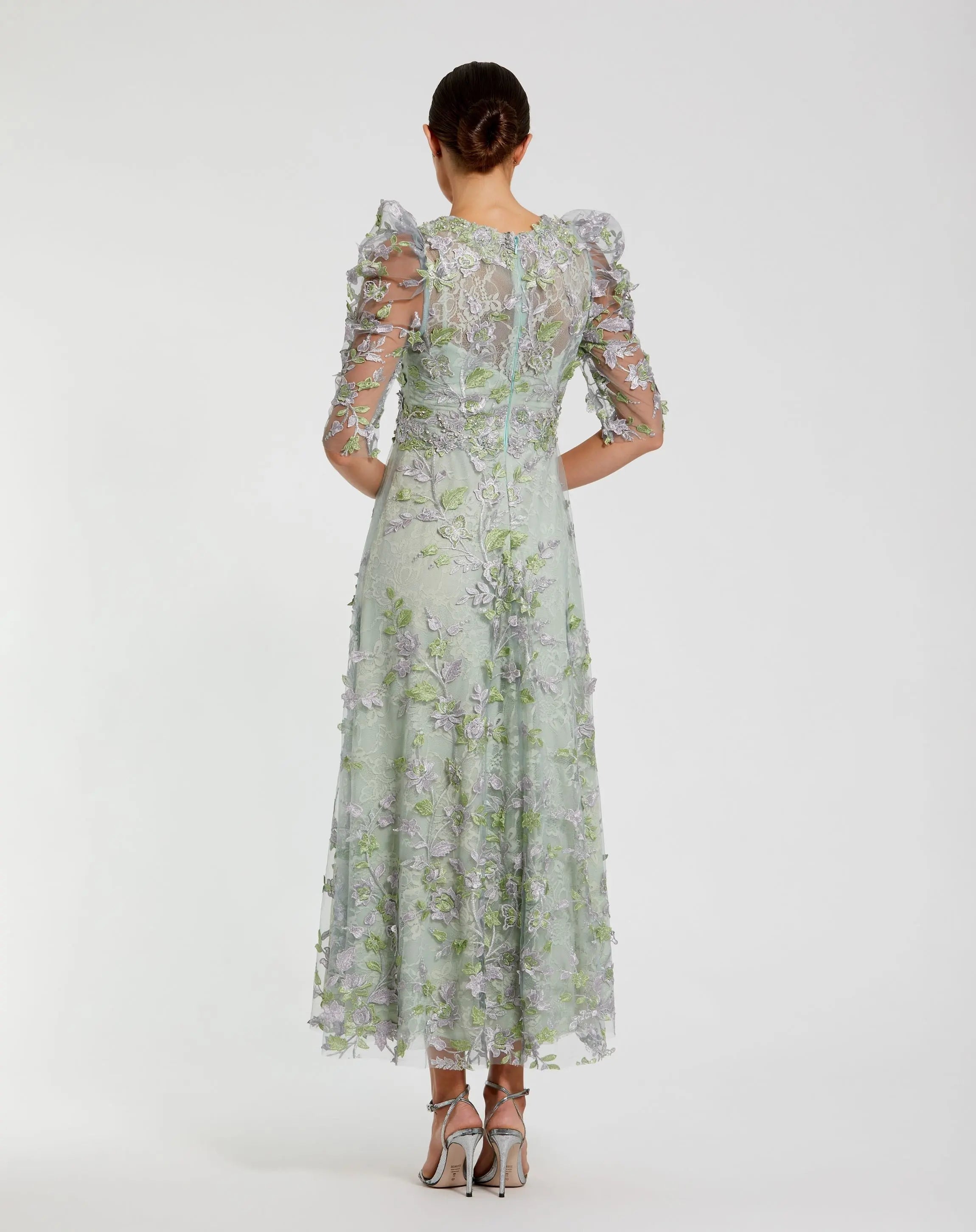 Green Applique High Neck Puff Sleeve A Line Dress - Mac Duggal