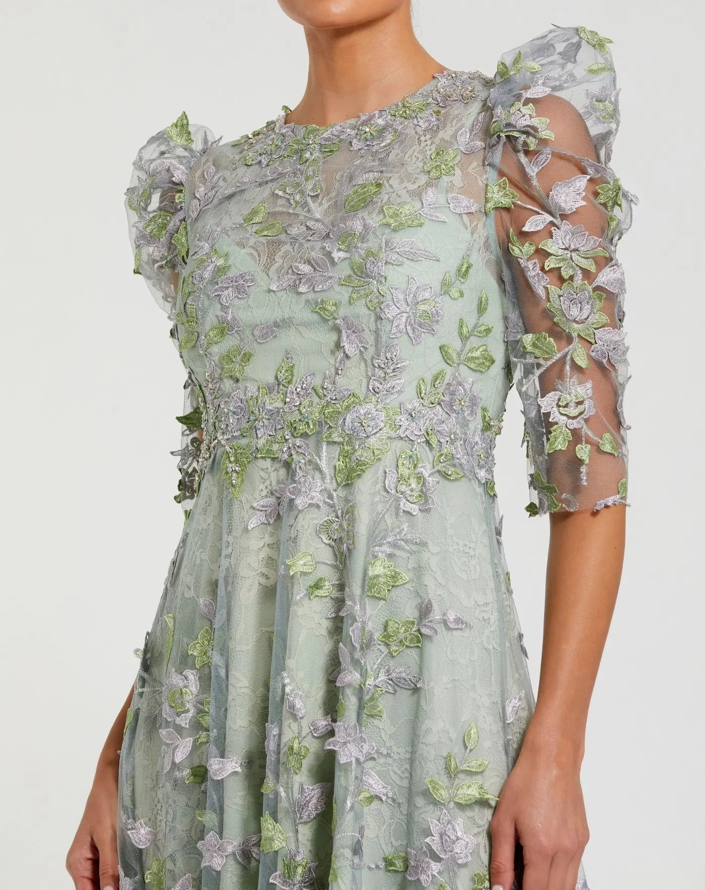 Mac Duggal - Green Applique High Neck Puff Sleeve A Line Dress - US 10 Mac Duggal - Green Applique High Neck Puff Sleeve A Line Dress - US 10