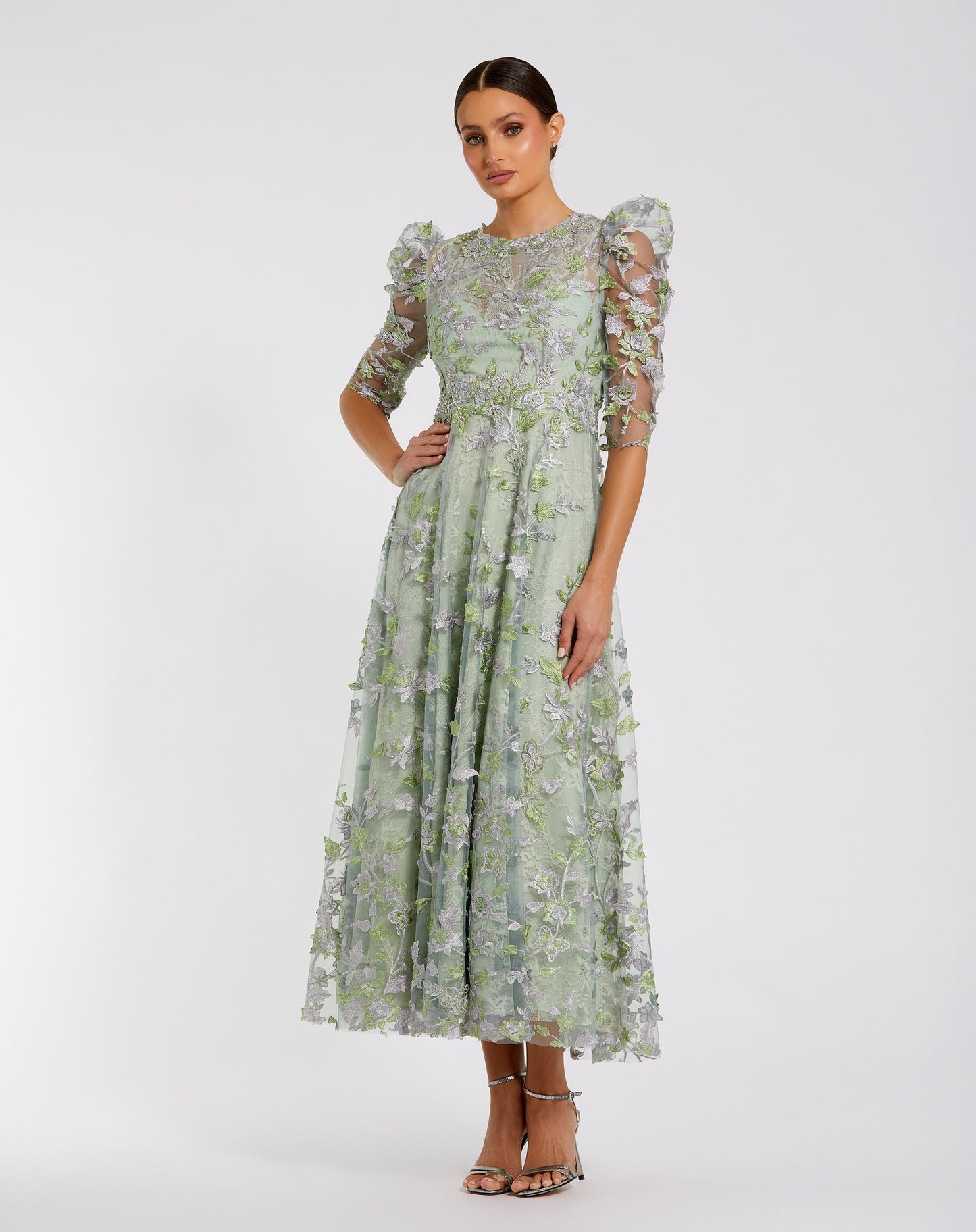 Green Applique High Neck Puff Sleeve A Line Dress