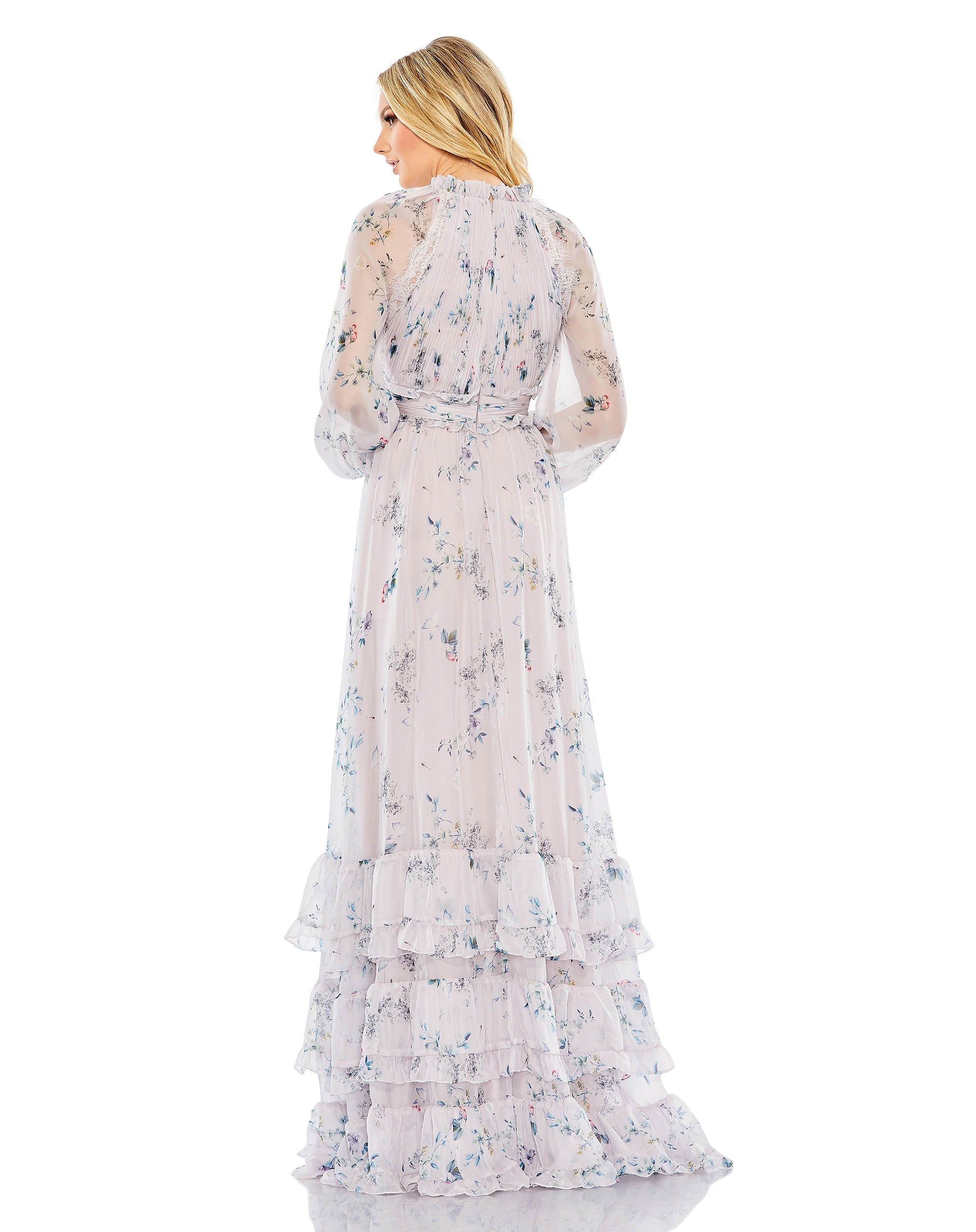 Floral Print Ruched Raglan Sleeve Tiered Gown