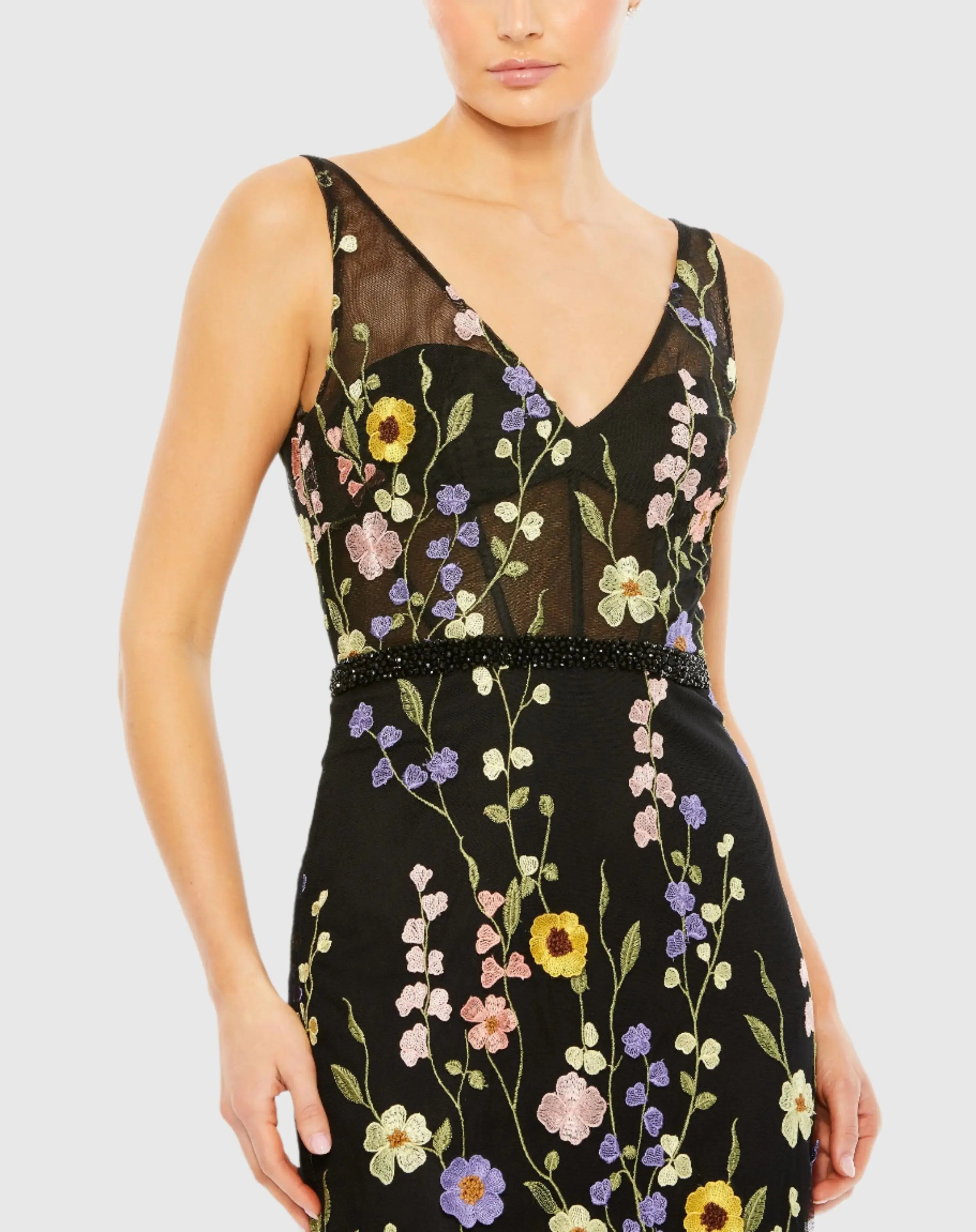 Black Embroidered Tulle Sleeveless V Neck A Line Gown - Mac Duggal