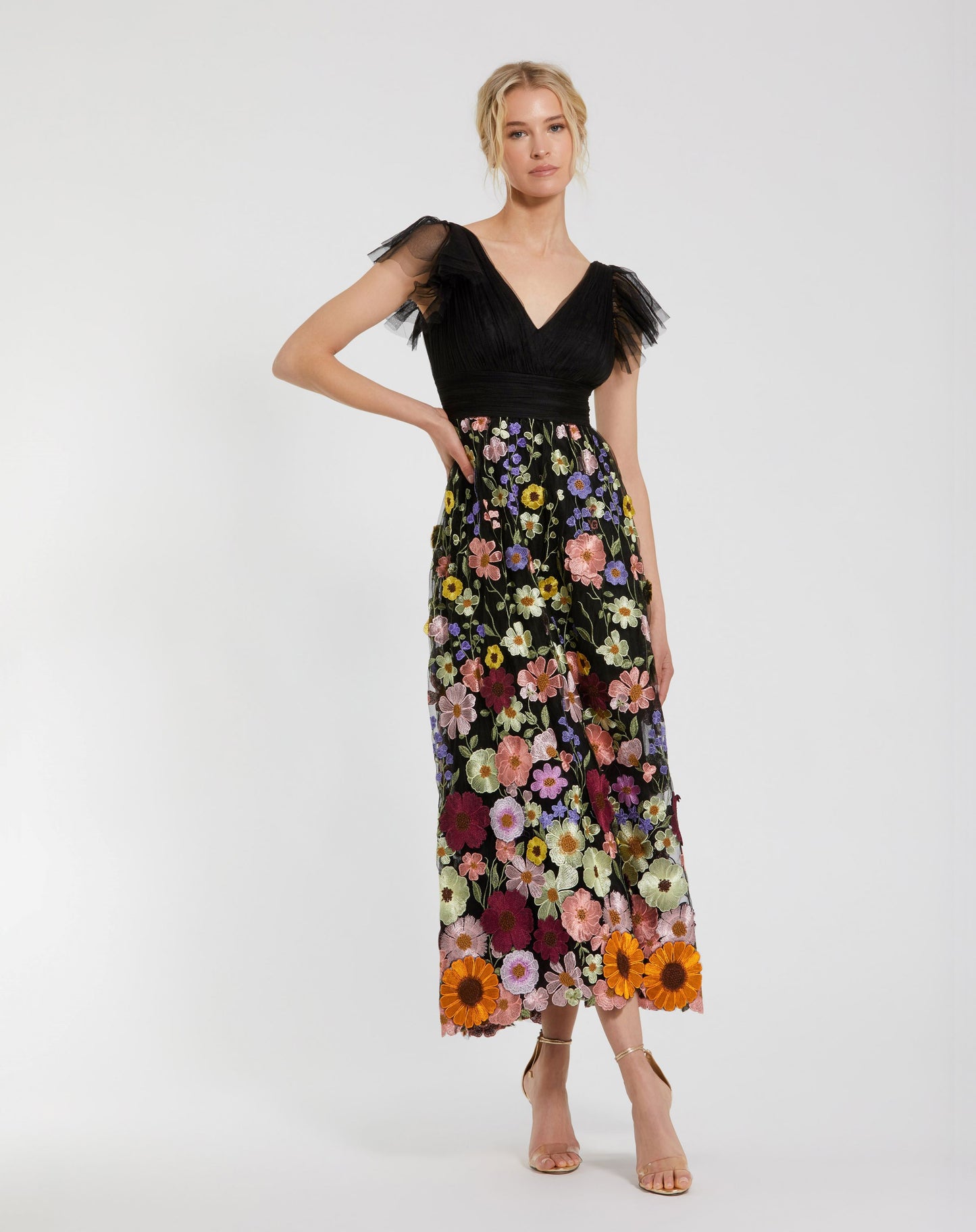 Embroidered Ruched Flutter Sleeve A Line Dress