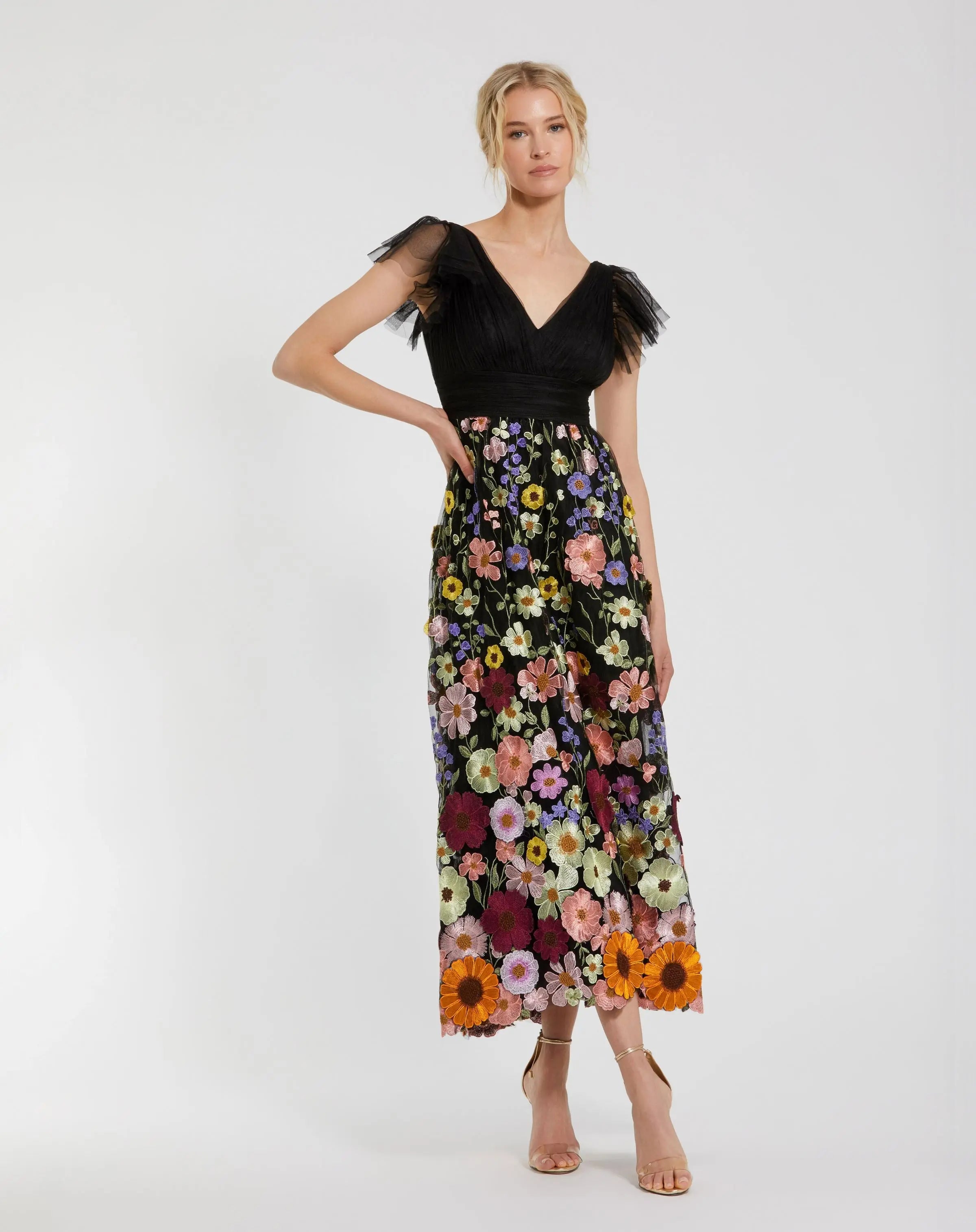 Black Multicolor Embroidered Flutter Sleeve Floral Dress - Mac Duggal