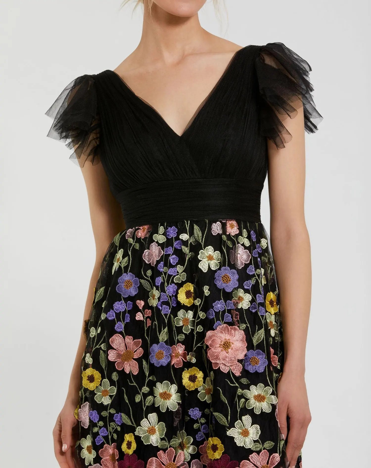 Mac Duggal - Black Multicolor Embroidered Flutter Sleeve Floral Dress - Black Multi / US 16 Mac Duggal - Black Multicolor Embroidered Flutter Sleeve Floral Dress - Black Multi / US 16