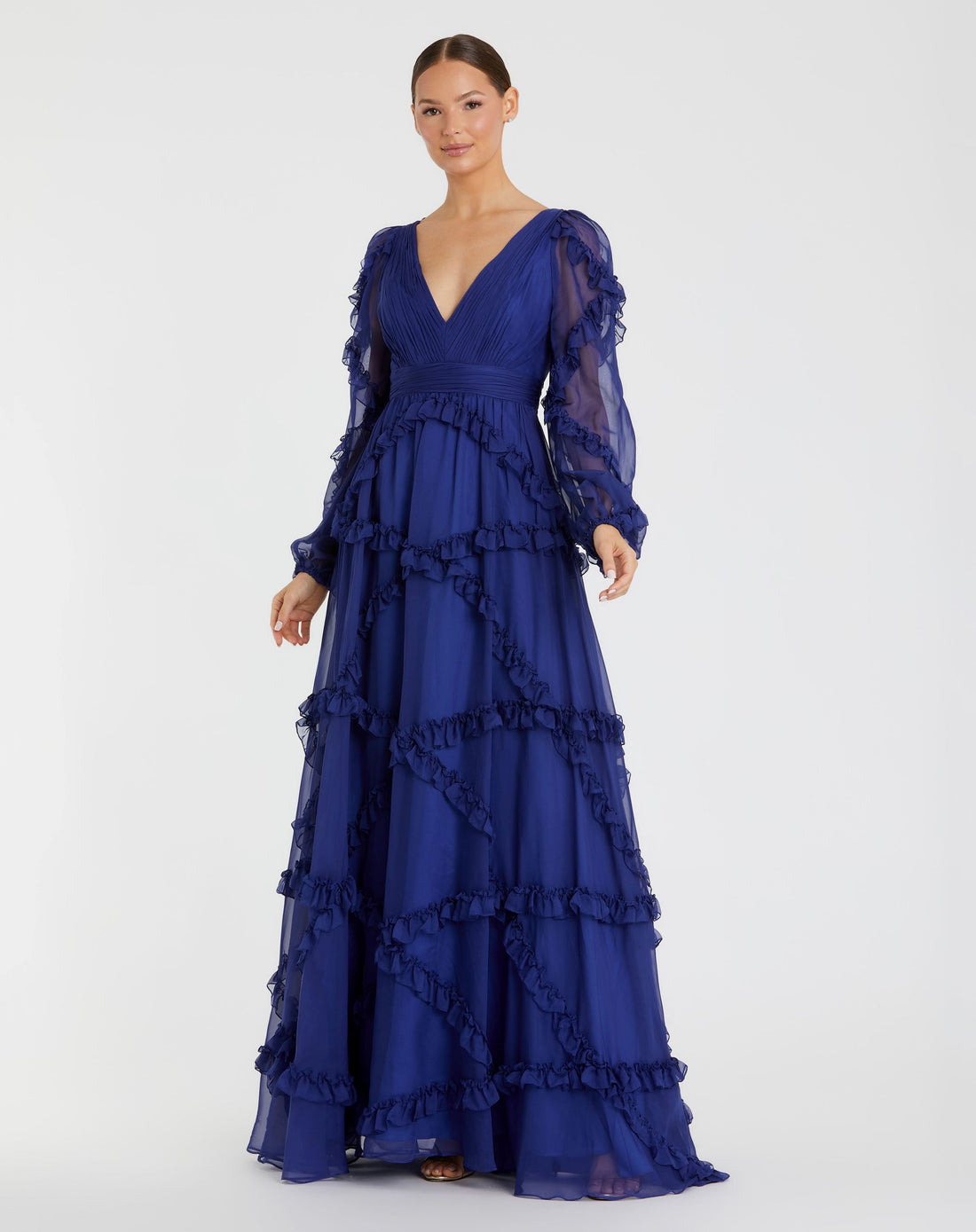 Cascading Ruffle Puff Sleeve A Line Gown