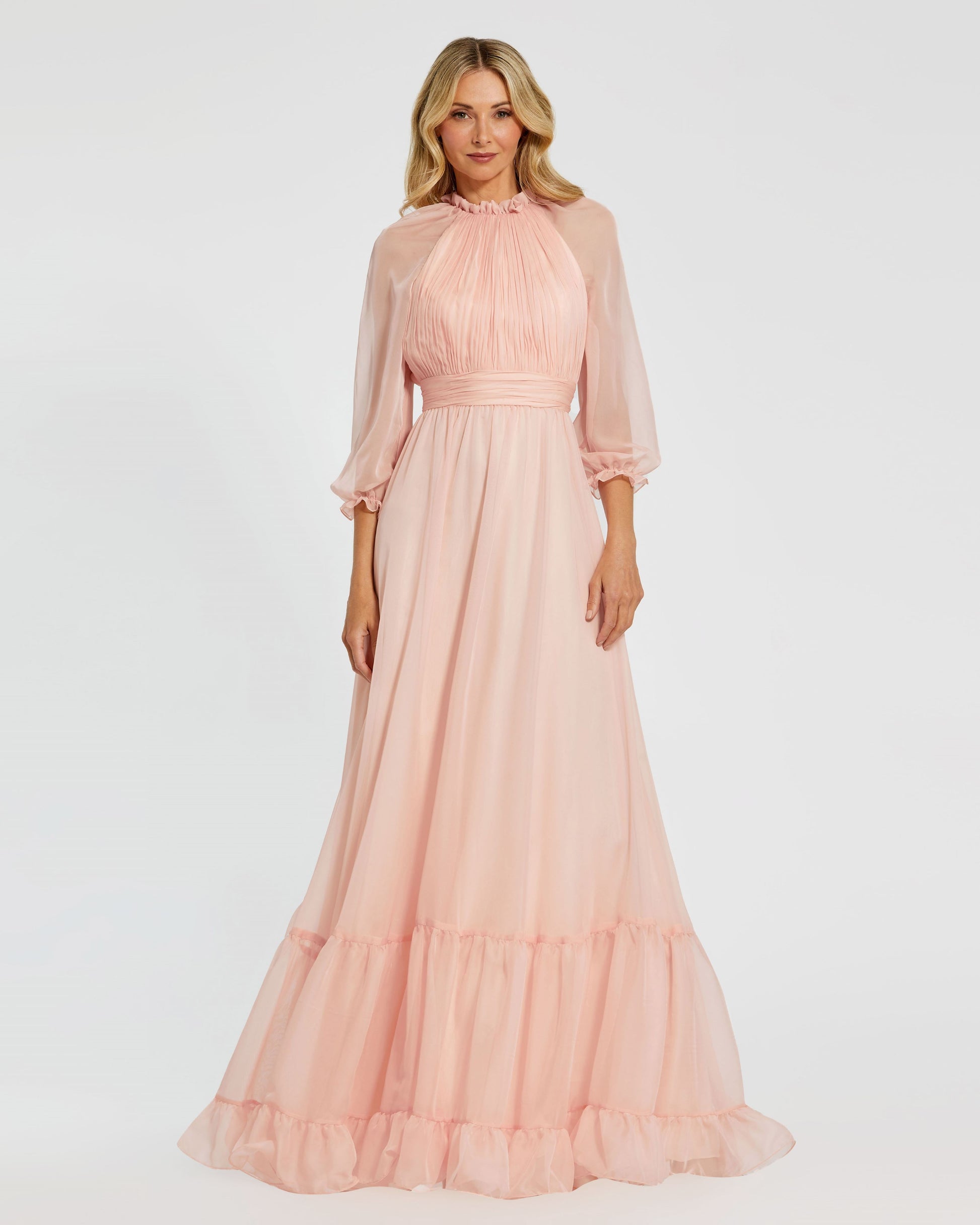 Chiffon Ruched Illusion Raglan Sleeve Ruffled Gown