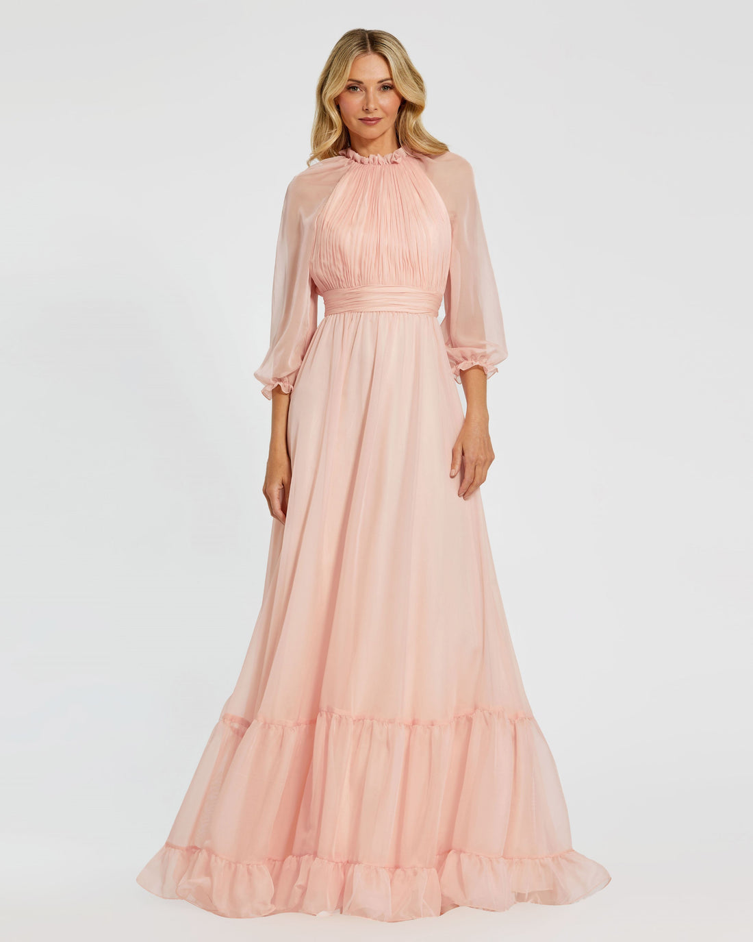 Chiffon Ruched Illusion Raglan Sleeve Ruffled Gown