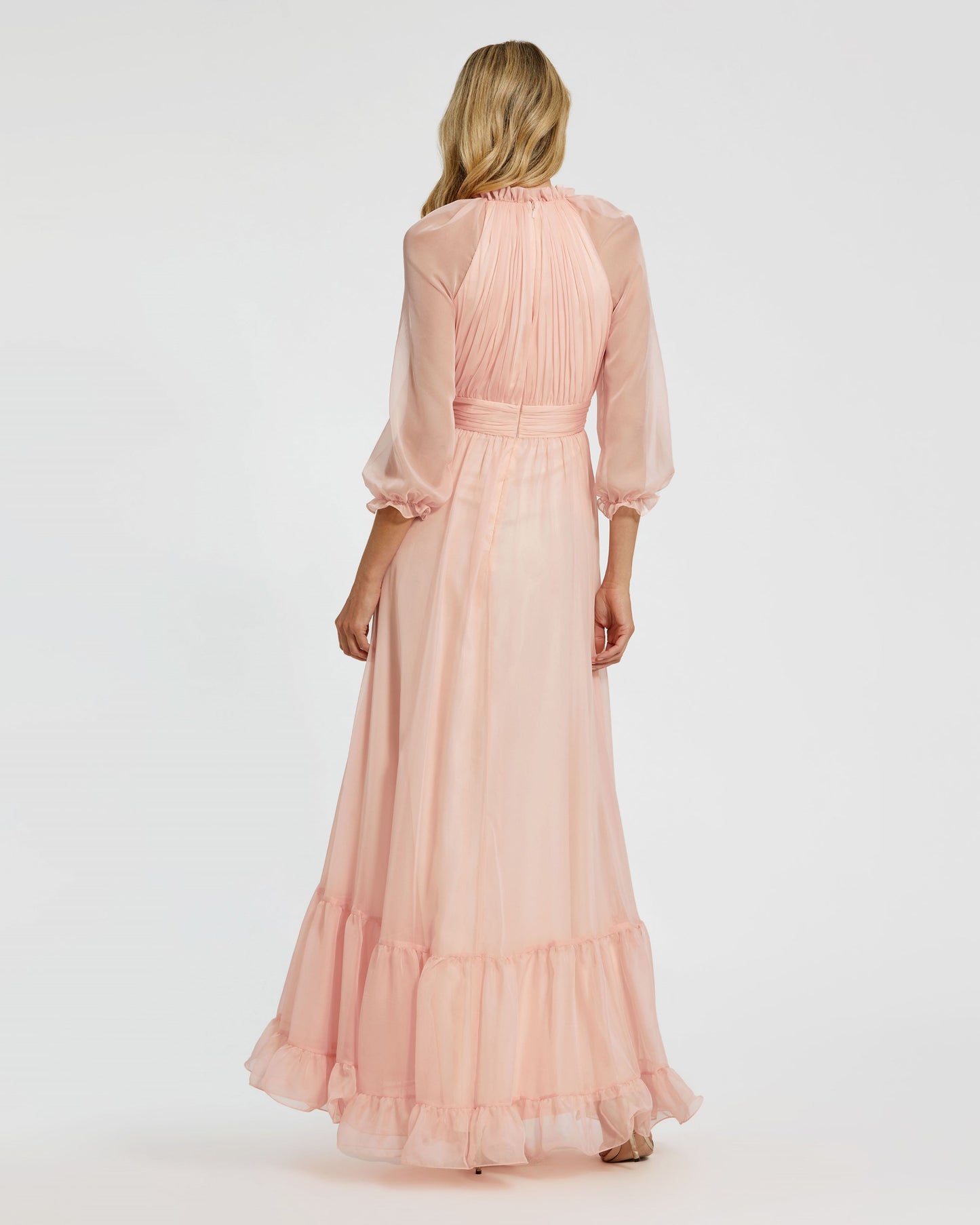 Chiffon Ruched Illusion Raglan Sleeve Ruffled Gown