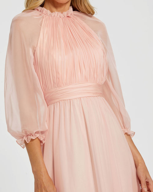 Chiffon Ruched Illusion Raglan Sleeve Ruffled Gown