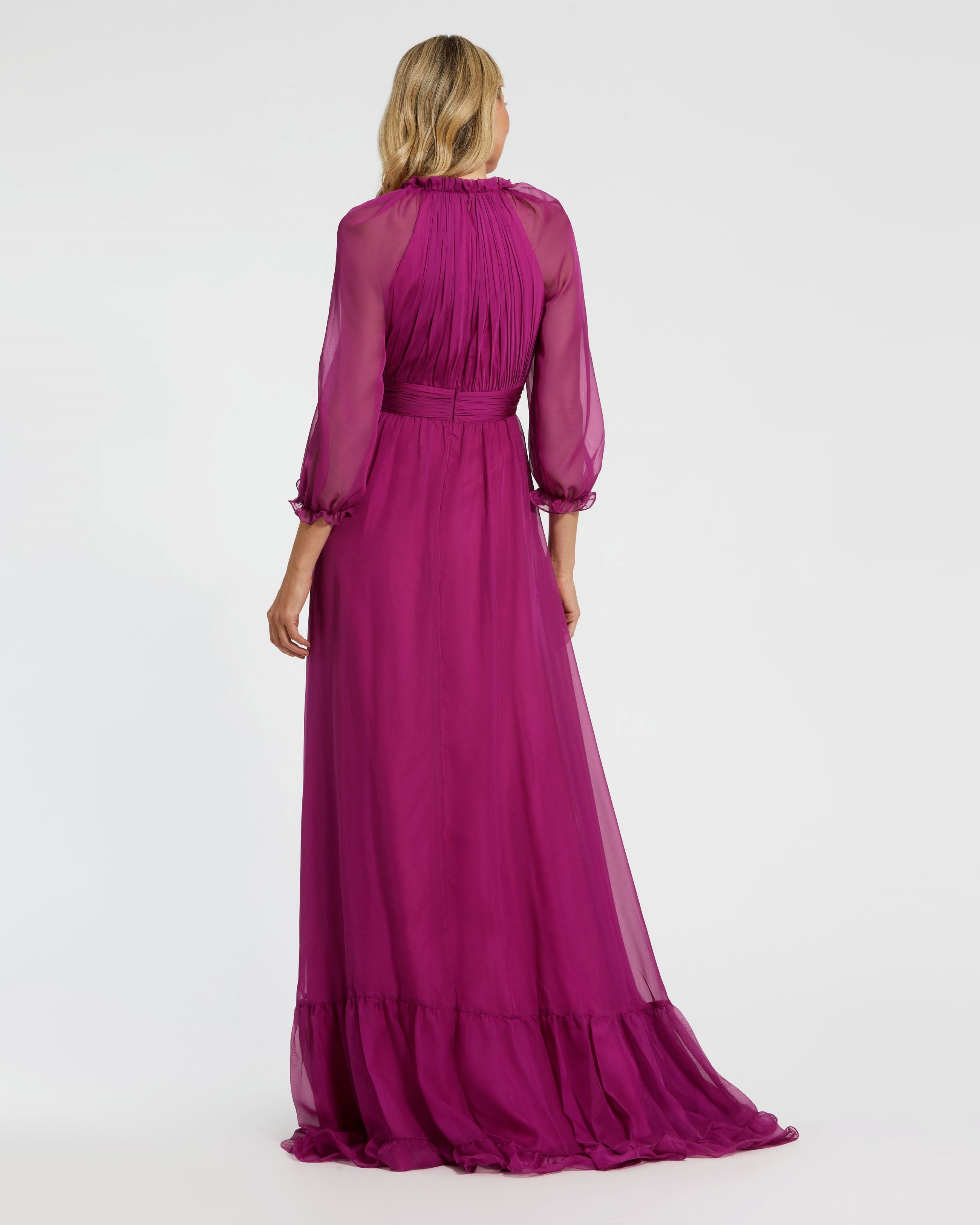 Chiffon Ruched Illusion Raglan Sleeve Ruffled Gown