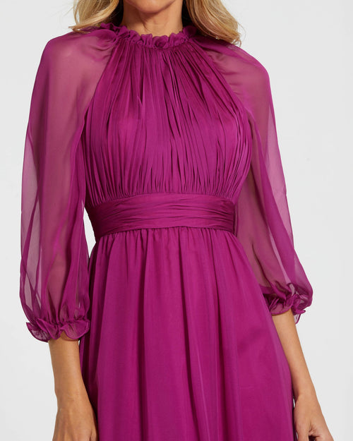 Chiffon Ruched Illusion Raglan Sleeve Ruffled Gown