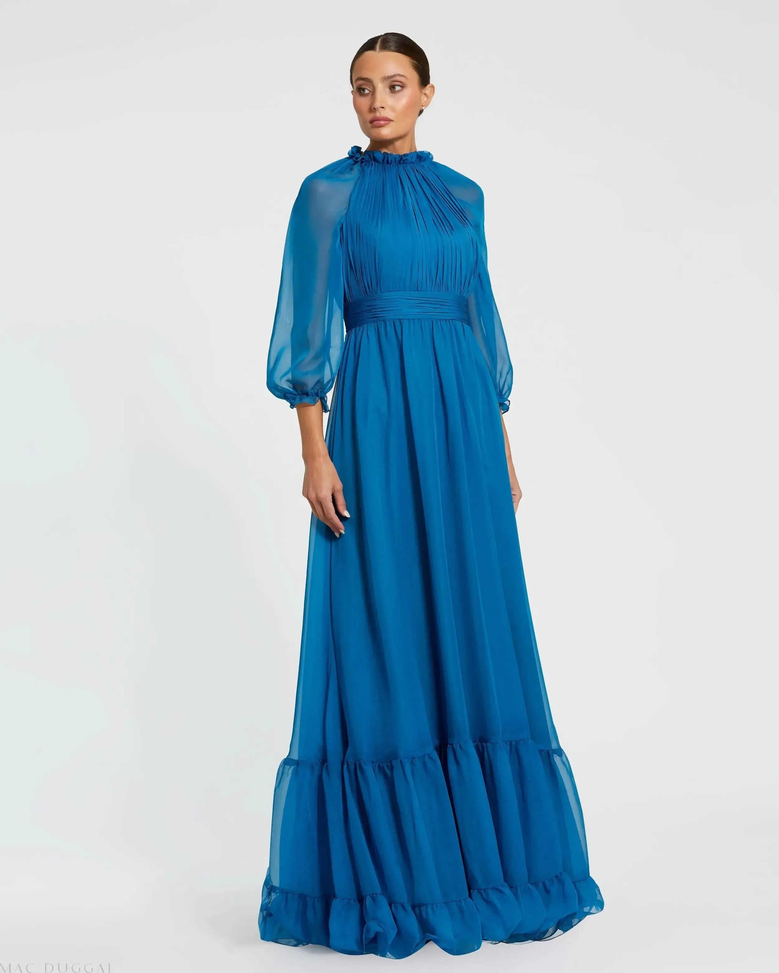 Blue Chiffon Ruched Illusion Raglan Sleeve Ruffled Gown - Mac Duggal
