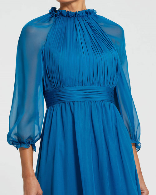 Chiffon Ruched Illusion Raglan Sleeve Ruffled Gown