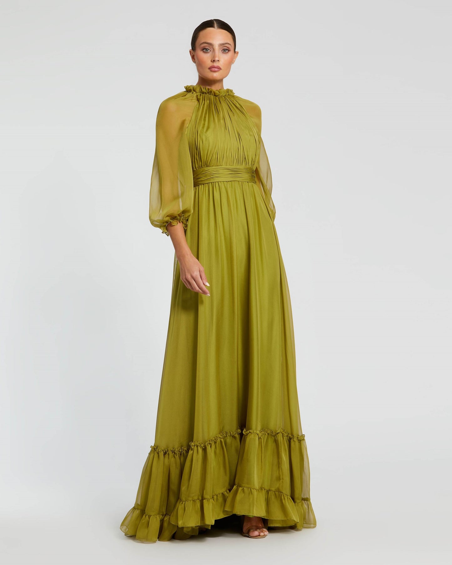 Chiffon Ruched Illusion Raglan Sleeve Ruffled Gown