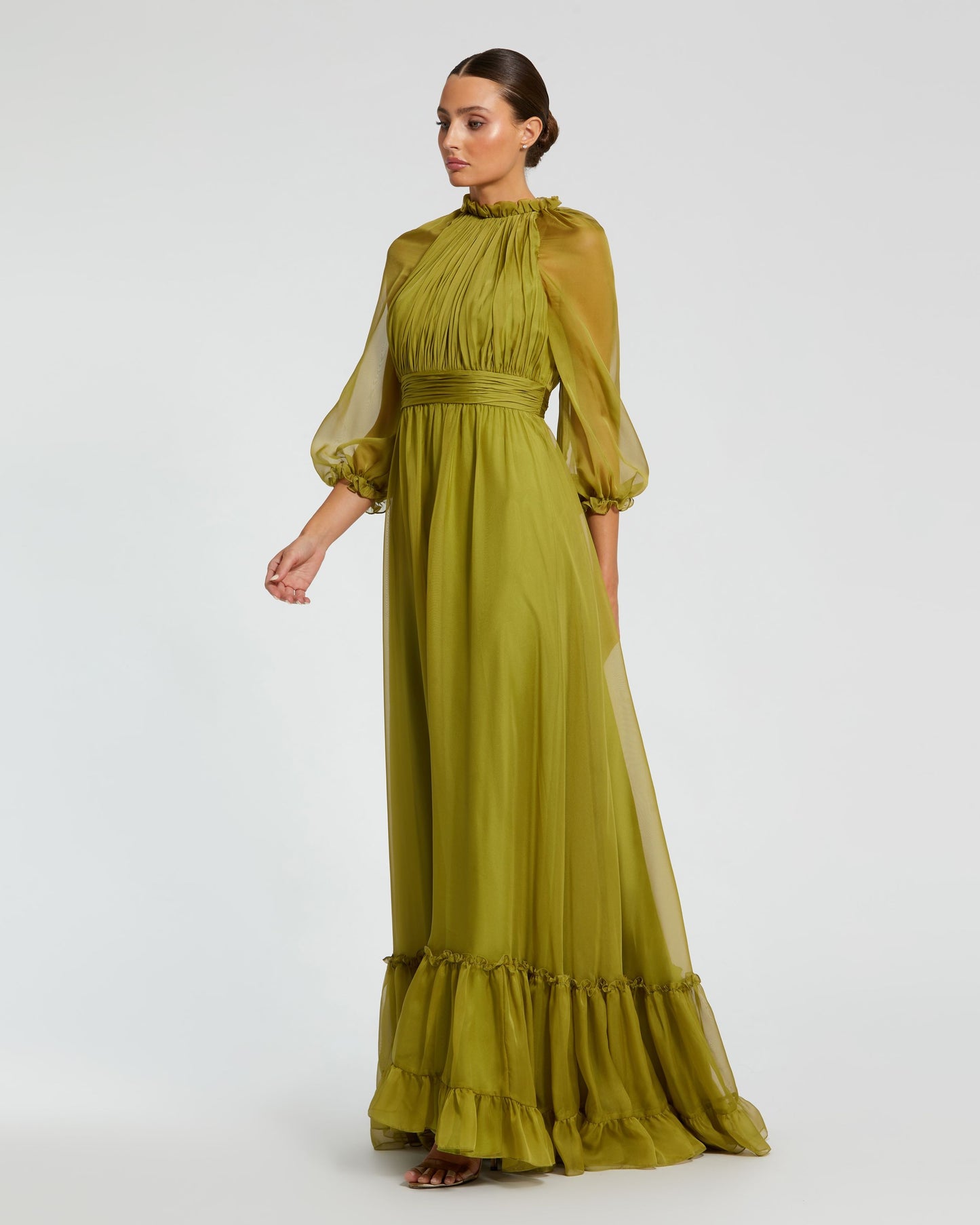 Chiffon Ruched Illusion Raglan Sleeve Ruffled Gown