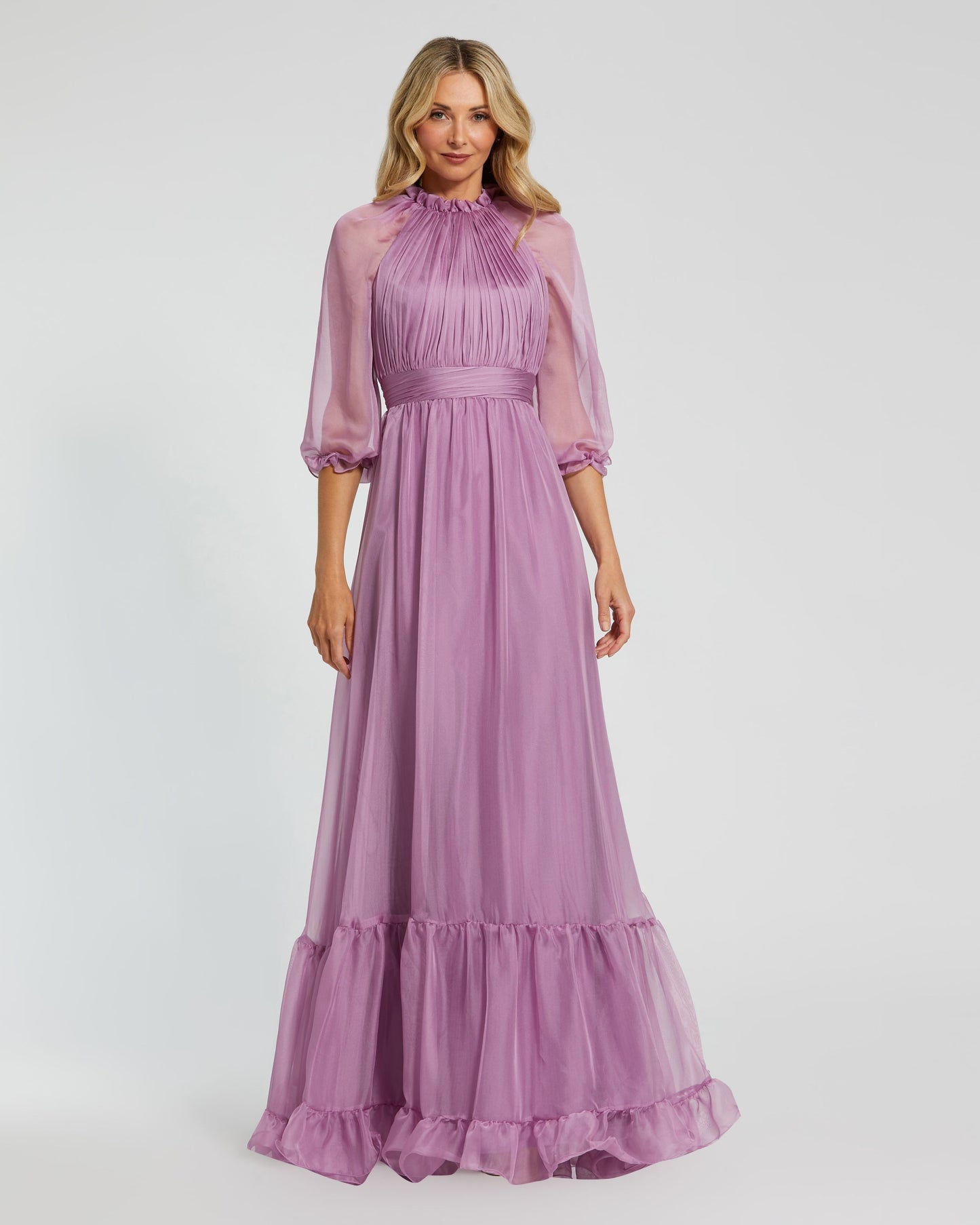 Chiffon Ruched Illusion Raglan Sleeve Ruffled Gown