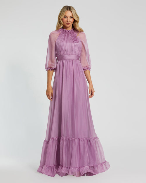 Chiffon Ruched Illusion Raglan Sleeve Ruffled Gown