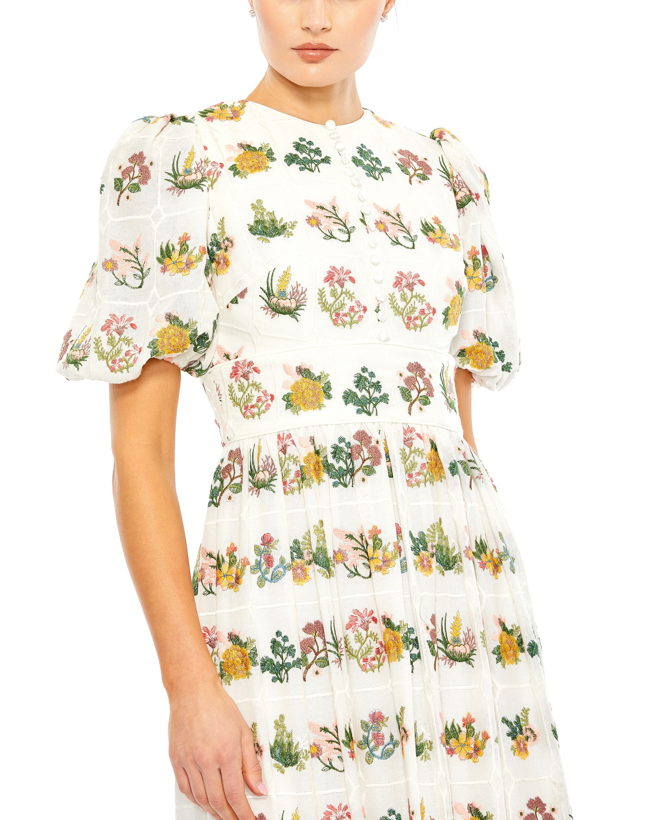 Embroidered Gauze High Neck Puff Sleeve Dress | Sample | Sz. 0