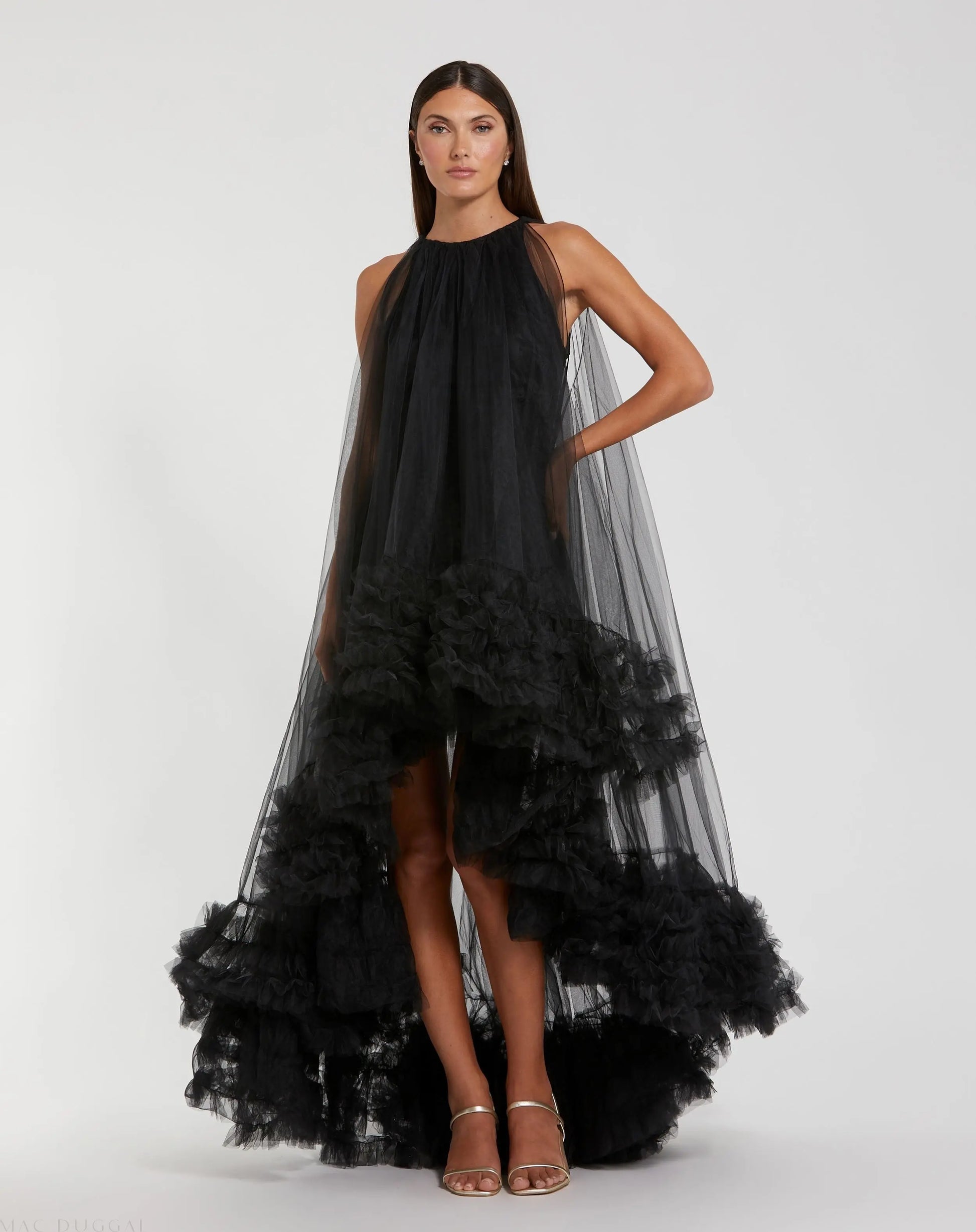 Black Tulle High Neck Sleeveless Ruffled Hem Hi-Low Gown - Mac Duggal Black Tulle High Neck Sleeveless Ruffled Hem Hi-Low Gown - Mac Duggal