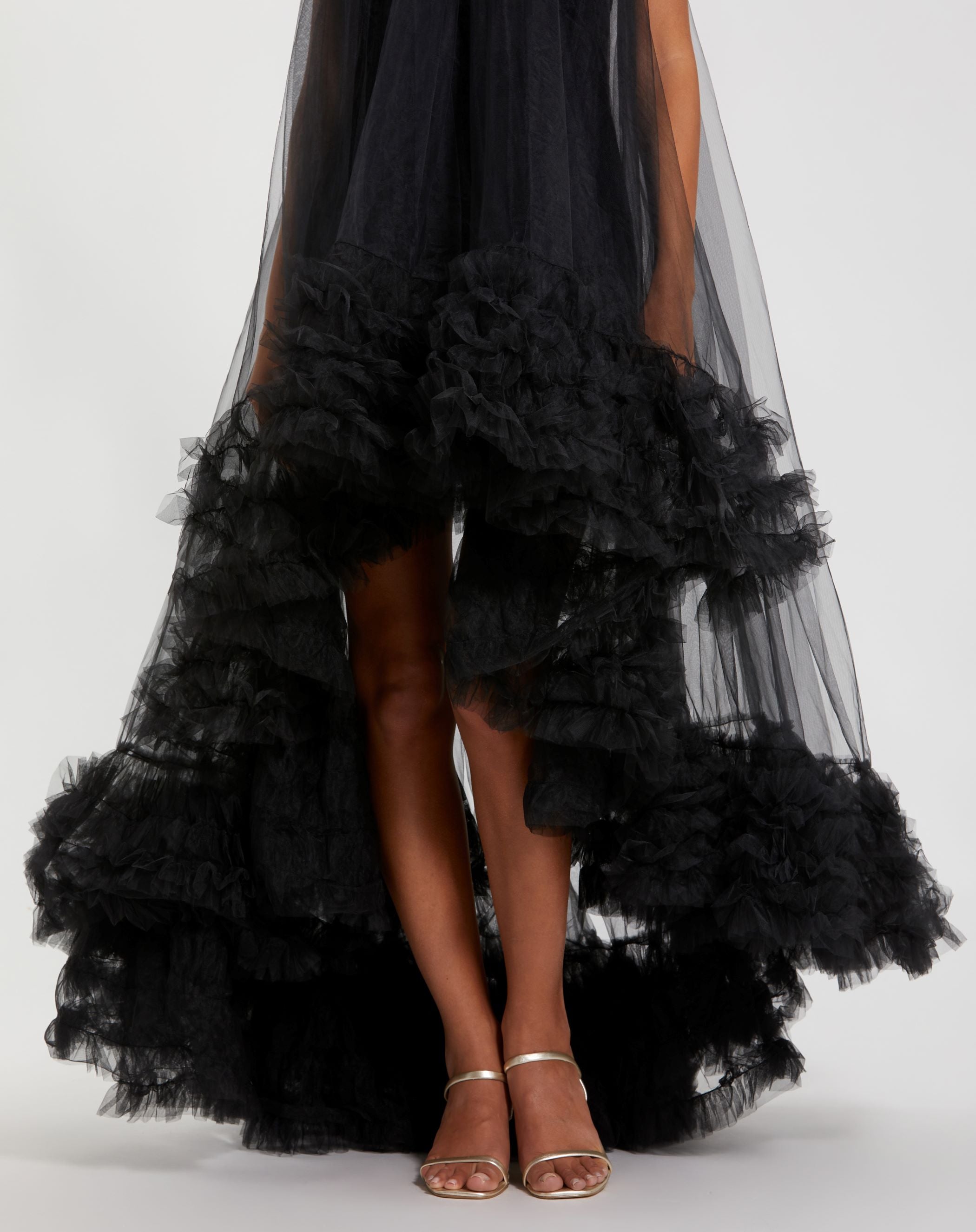 Black Tulle High Neck Sleeveless Ruffled Hem Hi-Low Gown - Mac Duggal