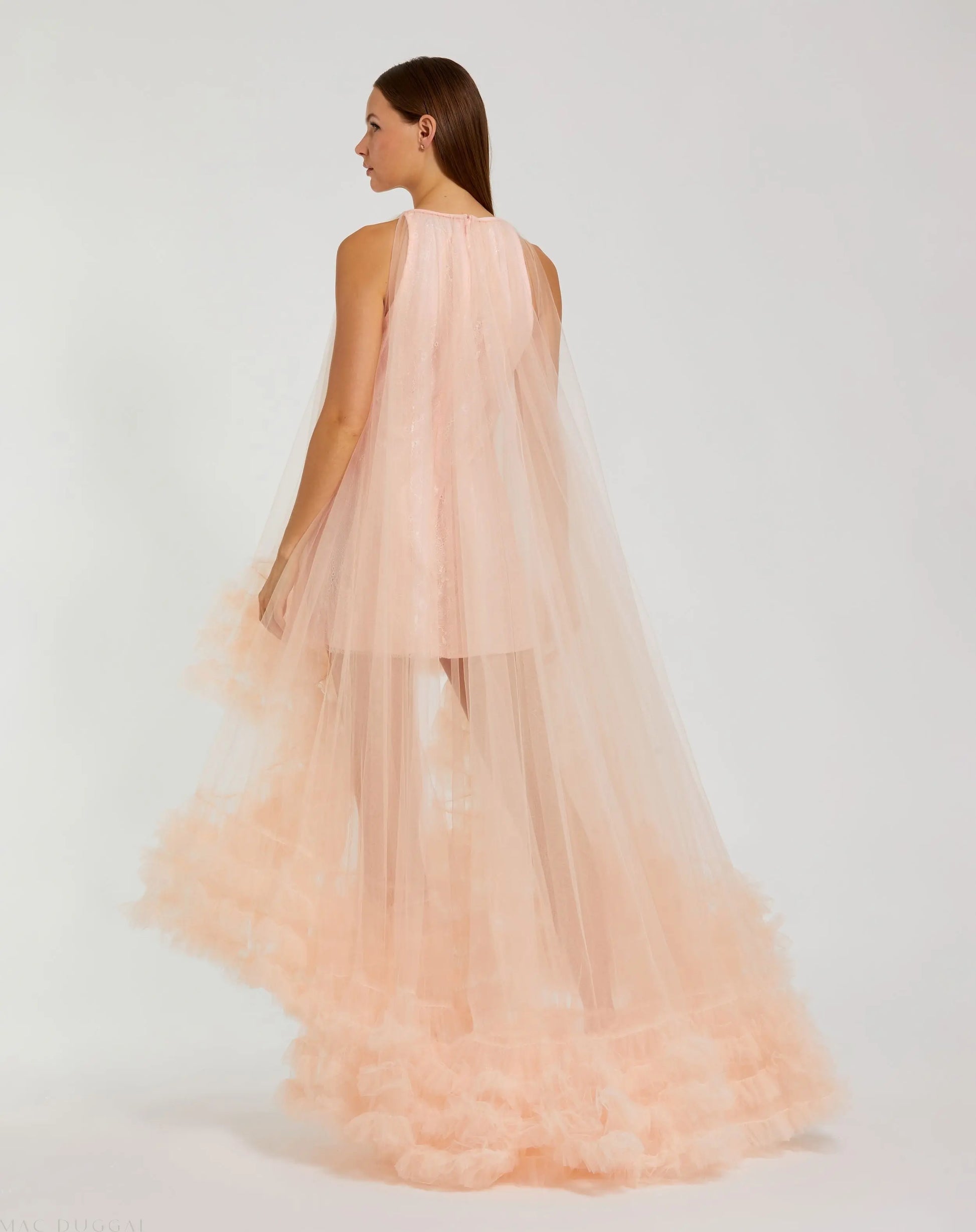 Light Pink Tulle High Neck Sleeveless Ruffled Hem Hi-Low Gown - Mac Duggal