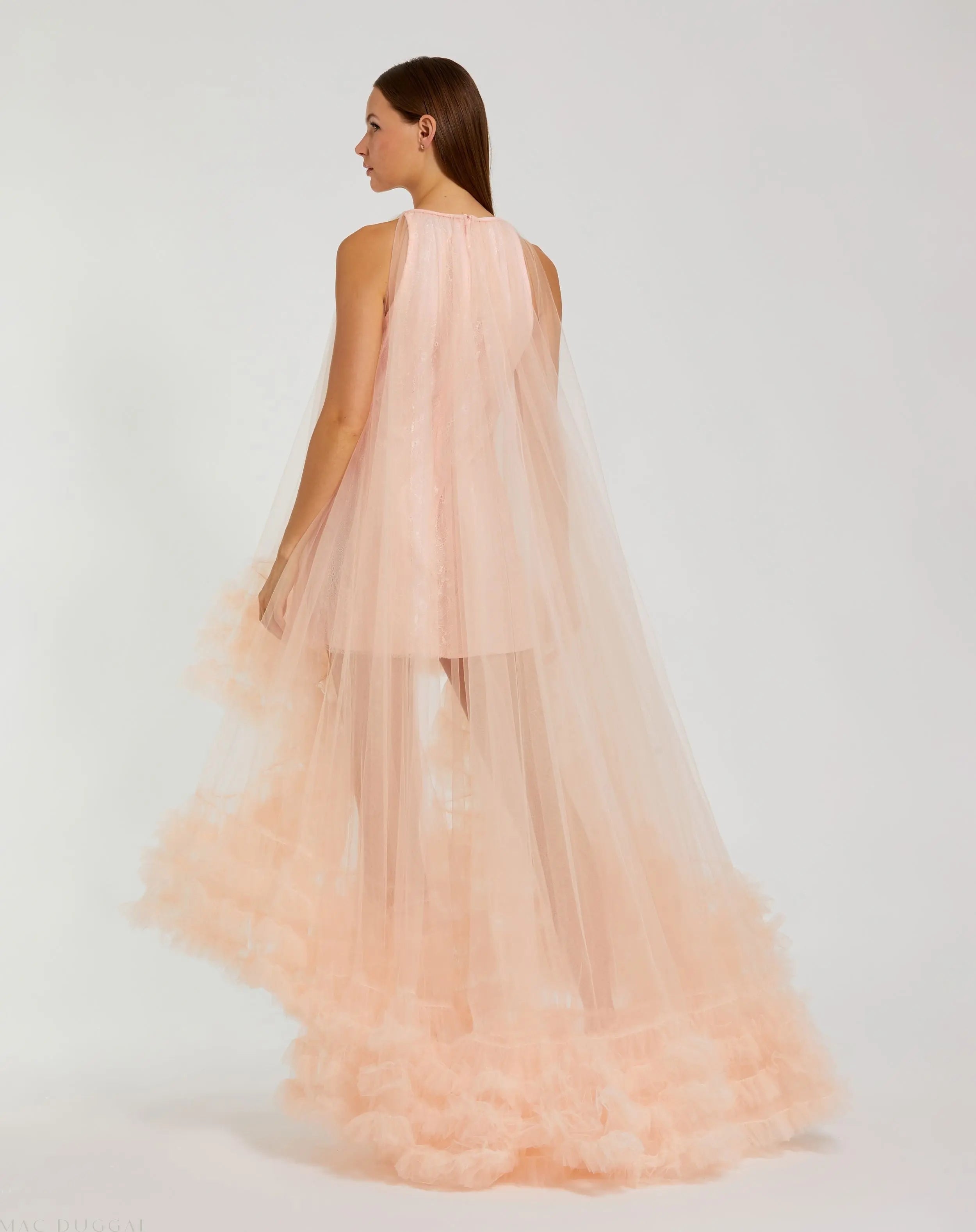 Light Pink Tulle High Neck Sleeveless Ruffled Hem Hi-Low Gown - Mac Duggal