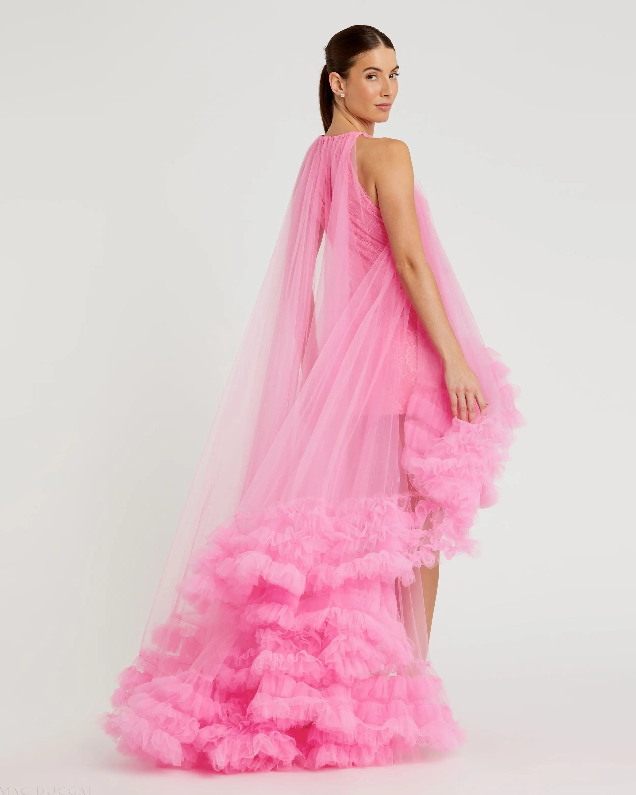 Pink Tulle High Neck Sleeveless Ruffled Hem Hi-Low Gown Mac Duggal