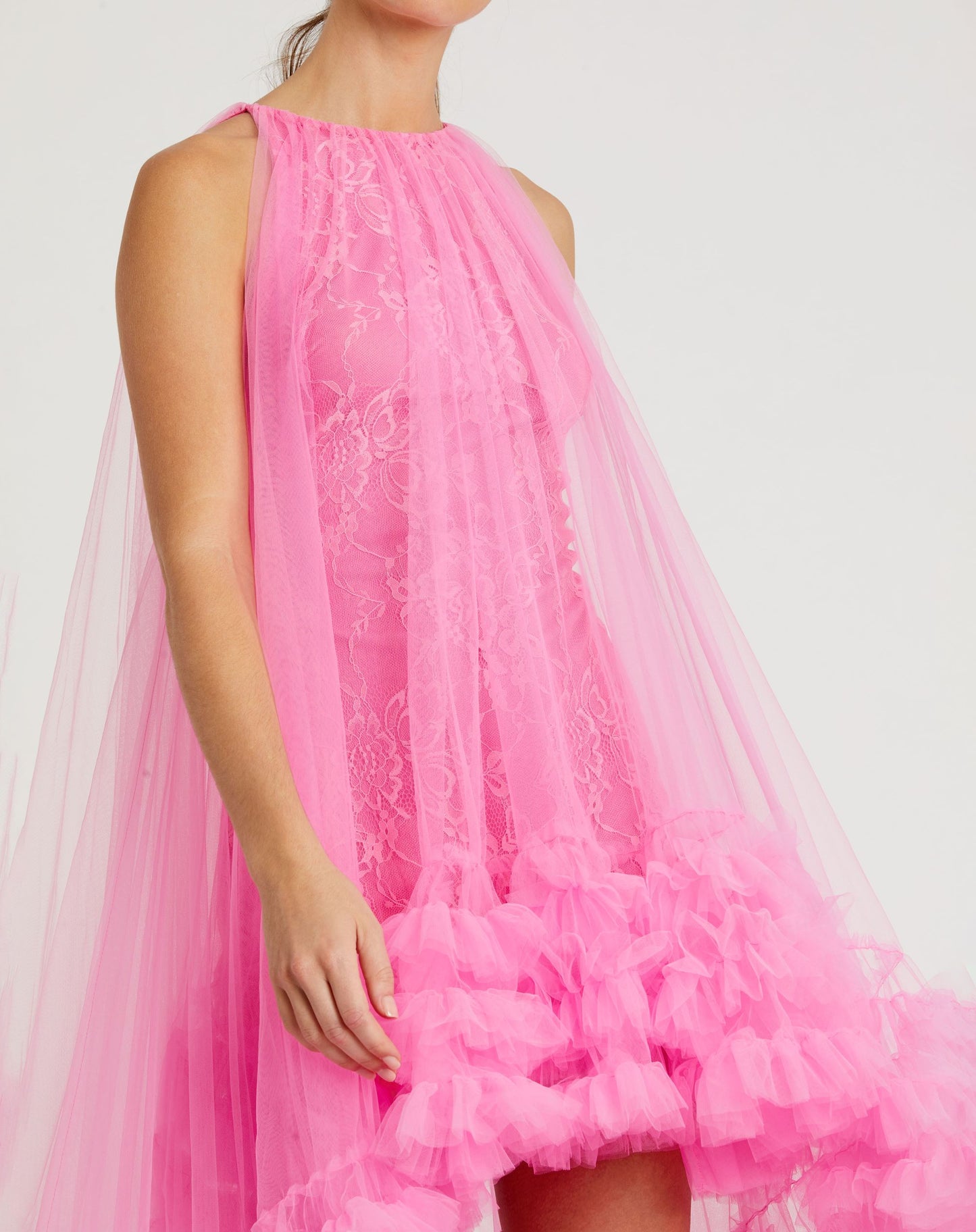 Pink Tulle High Neck Sleeveless Ruffled Hem Hi-Low Gown