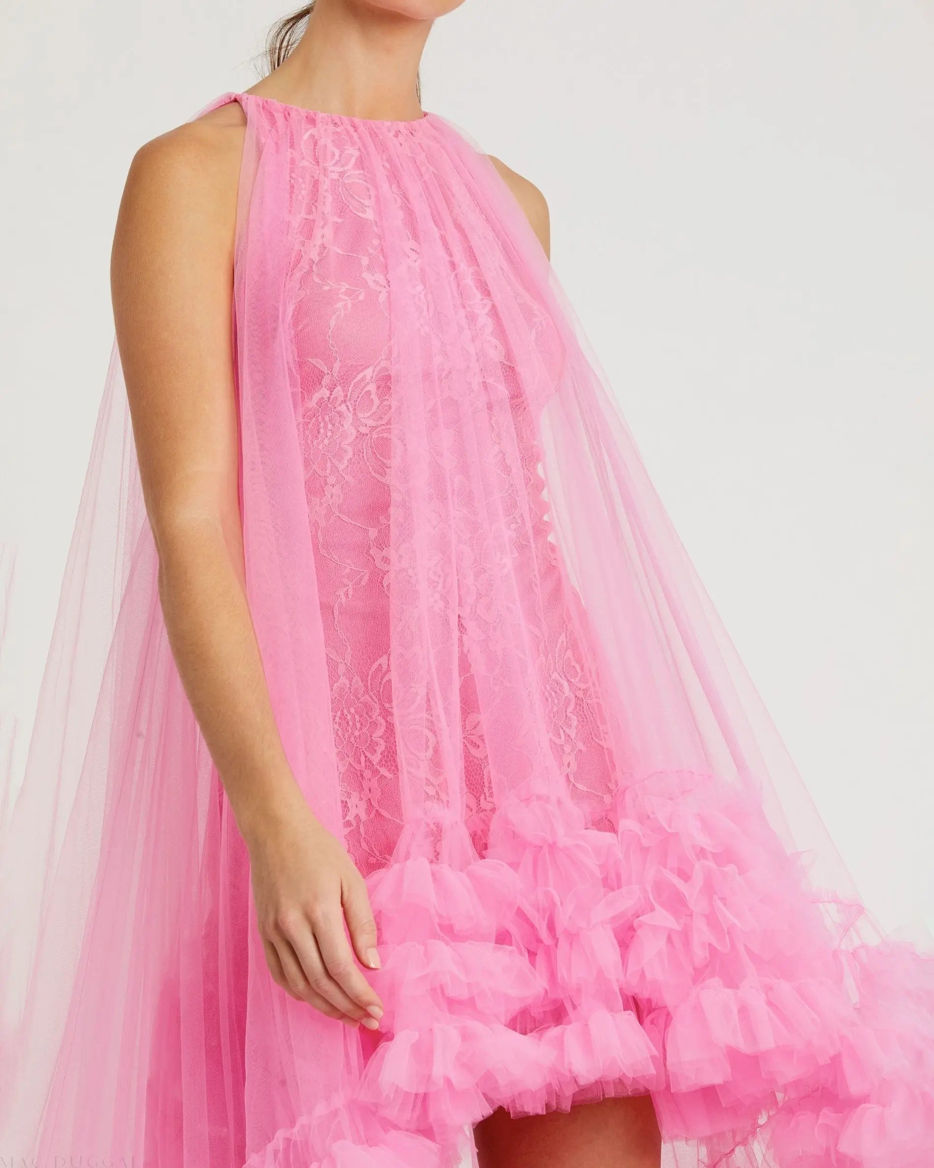 Pink Tulle High Neck Sleeveless Ruffled Hem Hi-Low Gown Mac Duggal