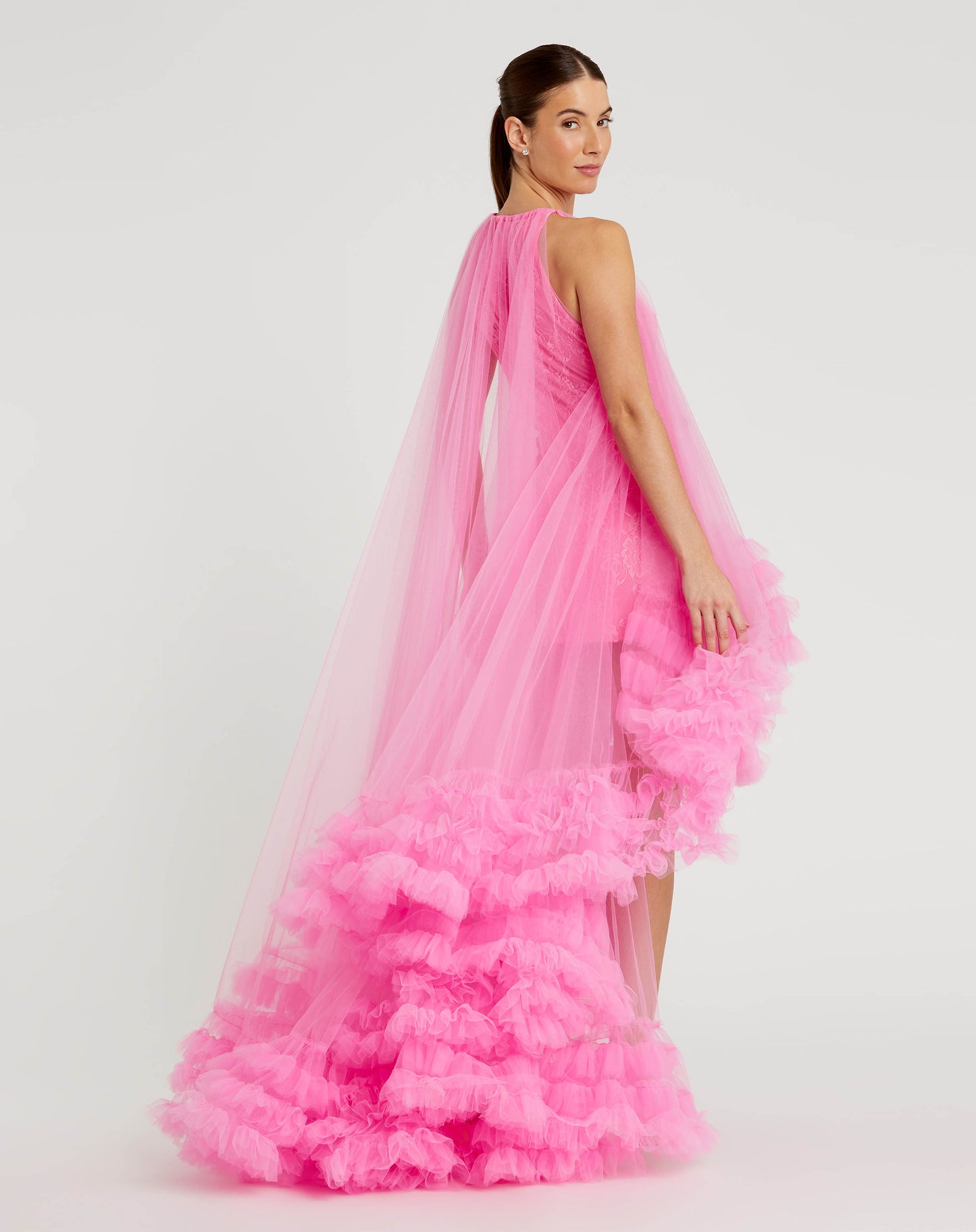 Pink Tulle High Neck Sleeveless Ruffled Hem Hi-Low Gown