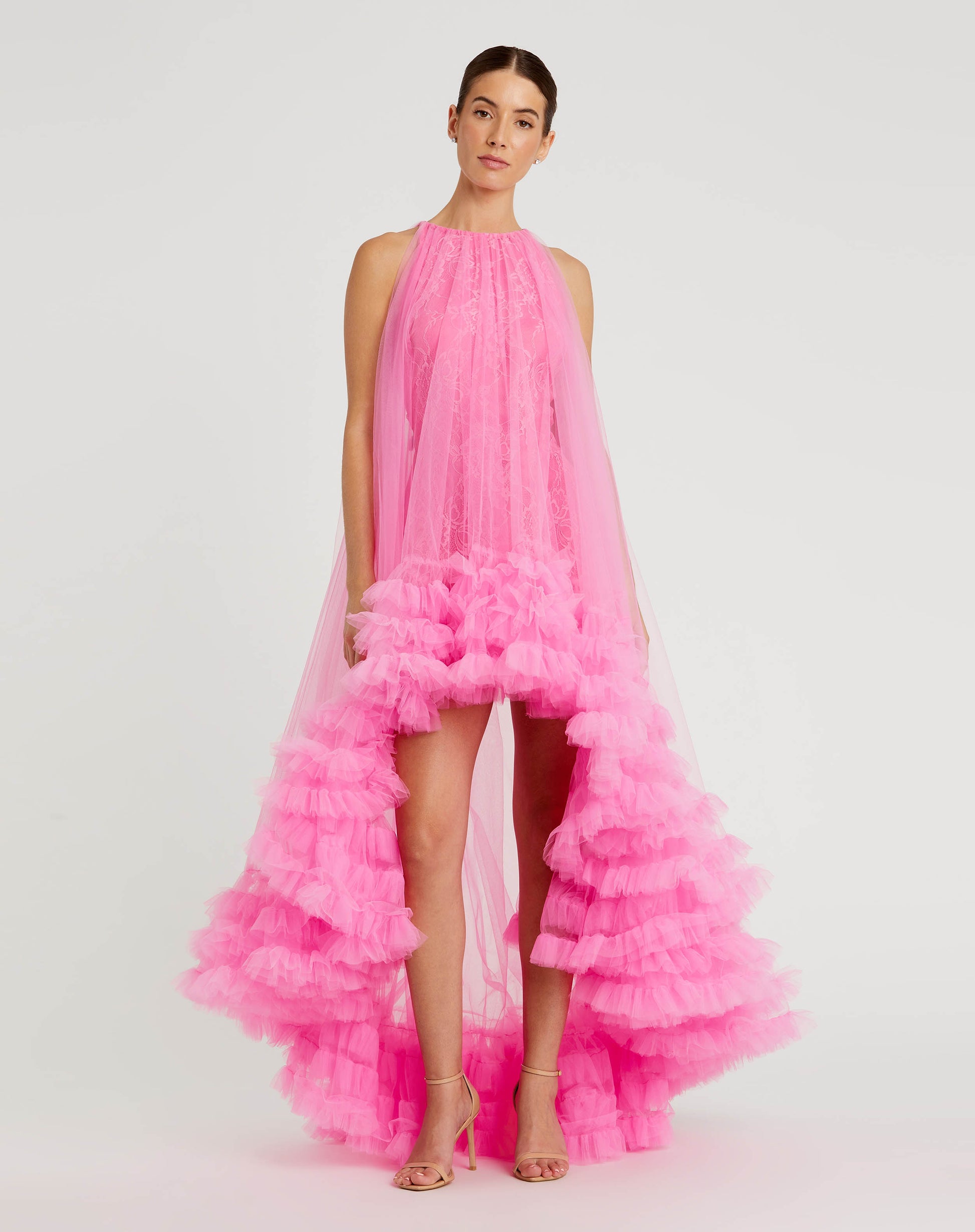 Hot Pink Tulle High Neck Sleeveless Ruffled Hem Hi-Lo Gown