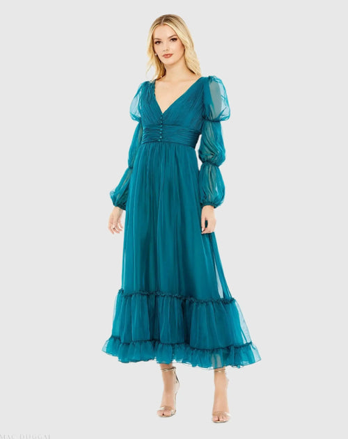 Teal Chiffon Ruched Tiered Puff Sleeve A Line Dress - Mac Duggal