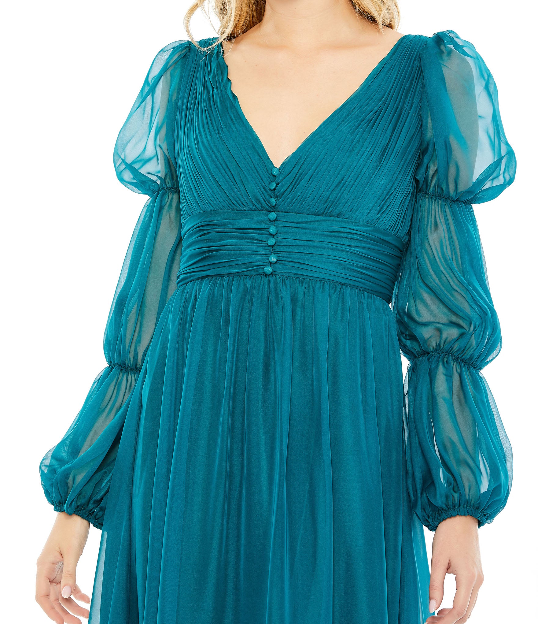 Chiffon Ruched Tiered Puff Sleeve A Line Dress