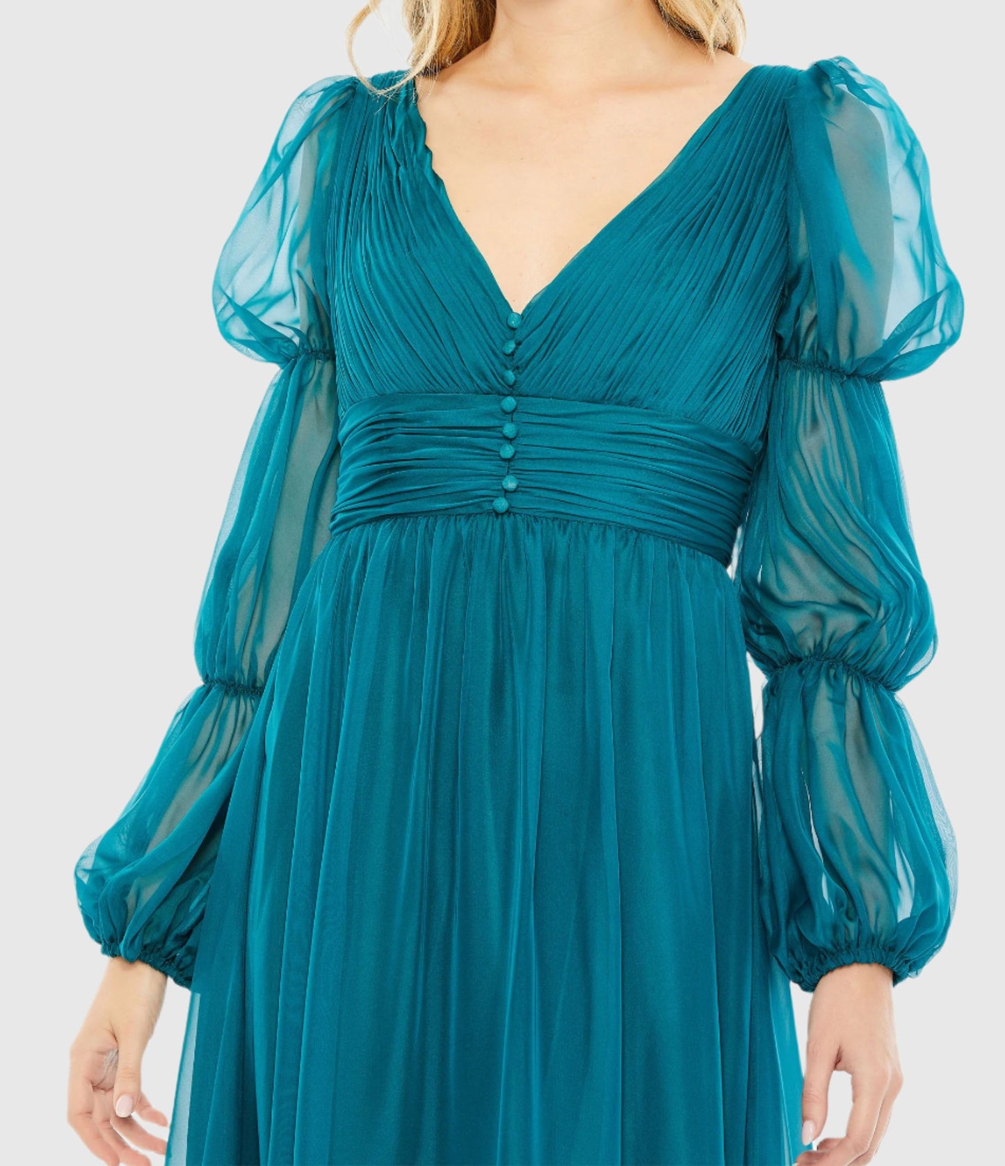 Chiffon Ruched Tiered Puff Sleeve A Line Dress