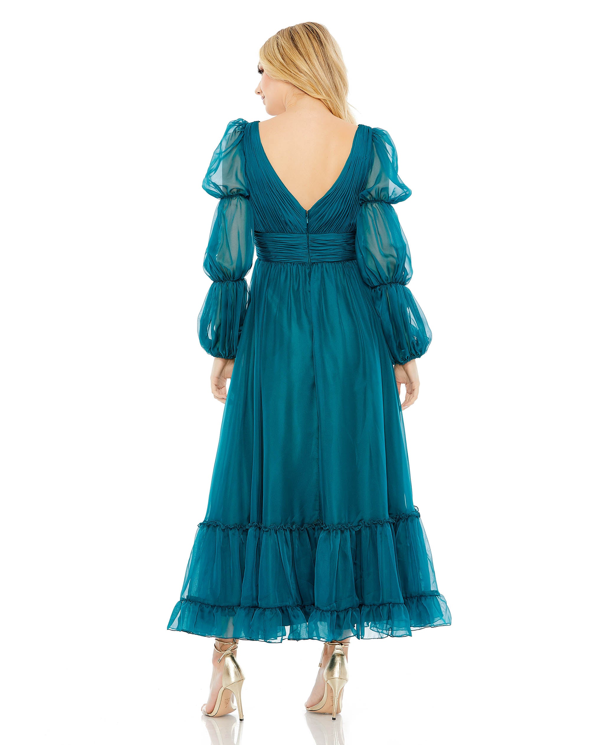 Chiffon Ruched Tiered Puff Sleeve A Line Dress