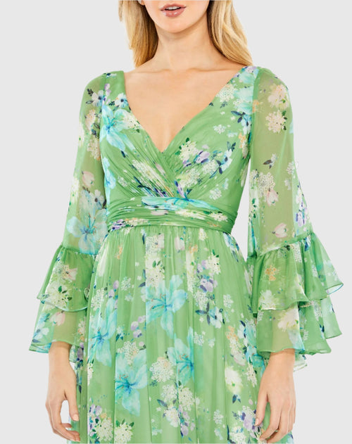 Floral Print Chiffon Wrap Flounce Sleeve Dress