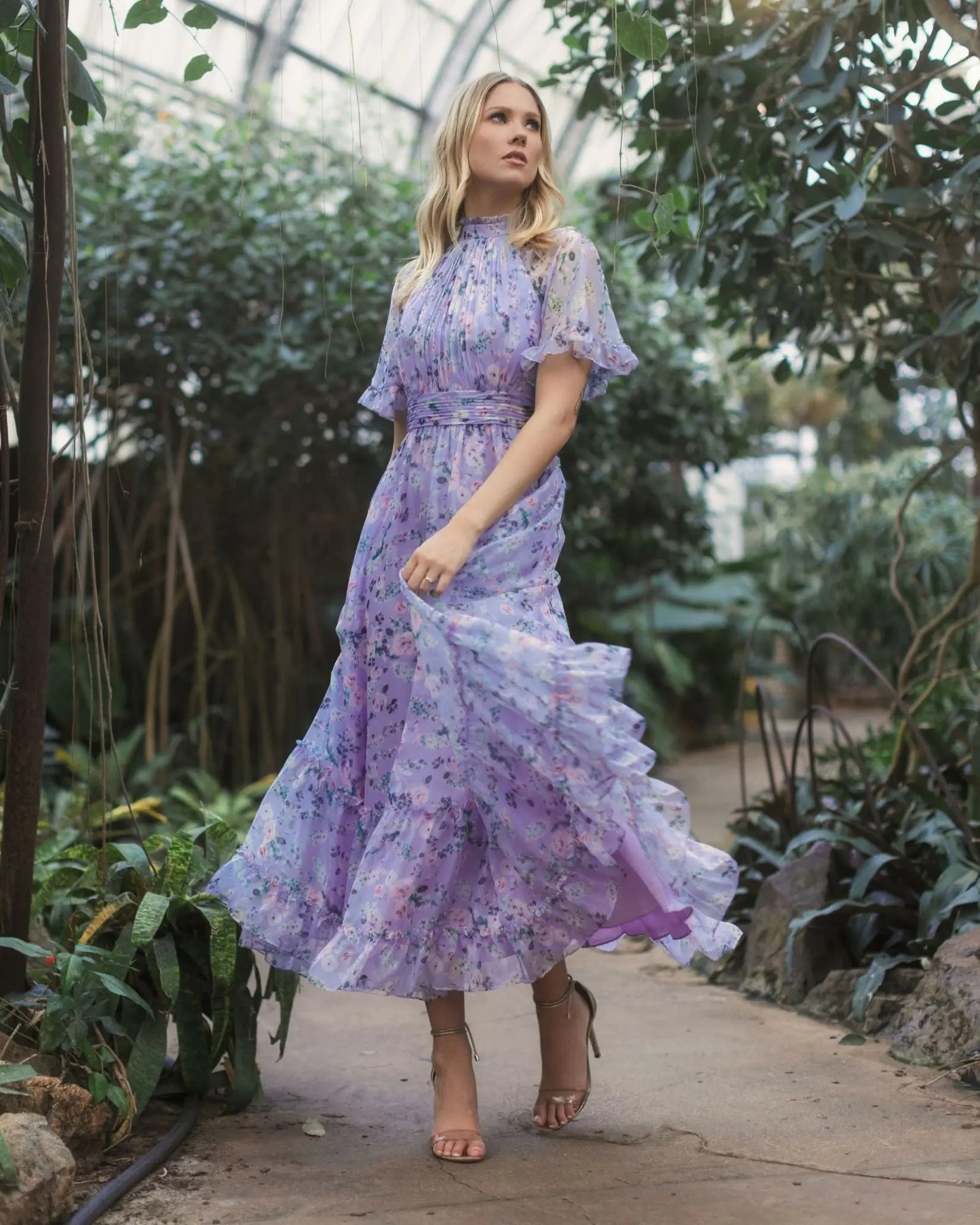 Purple Floral Print High Neck Raglan Sleeve Dress - Mac Duggal