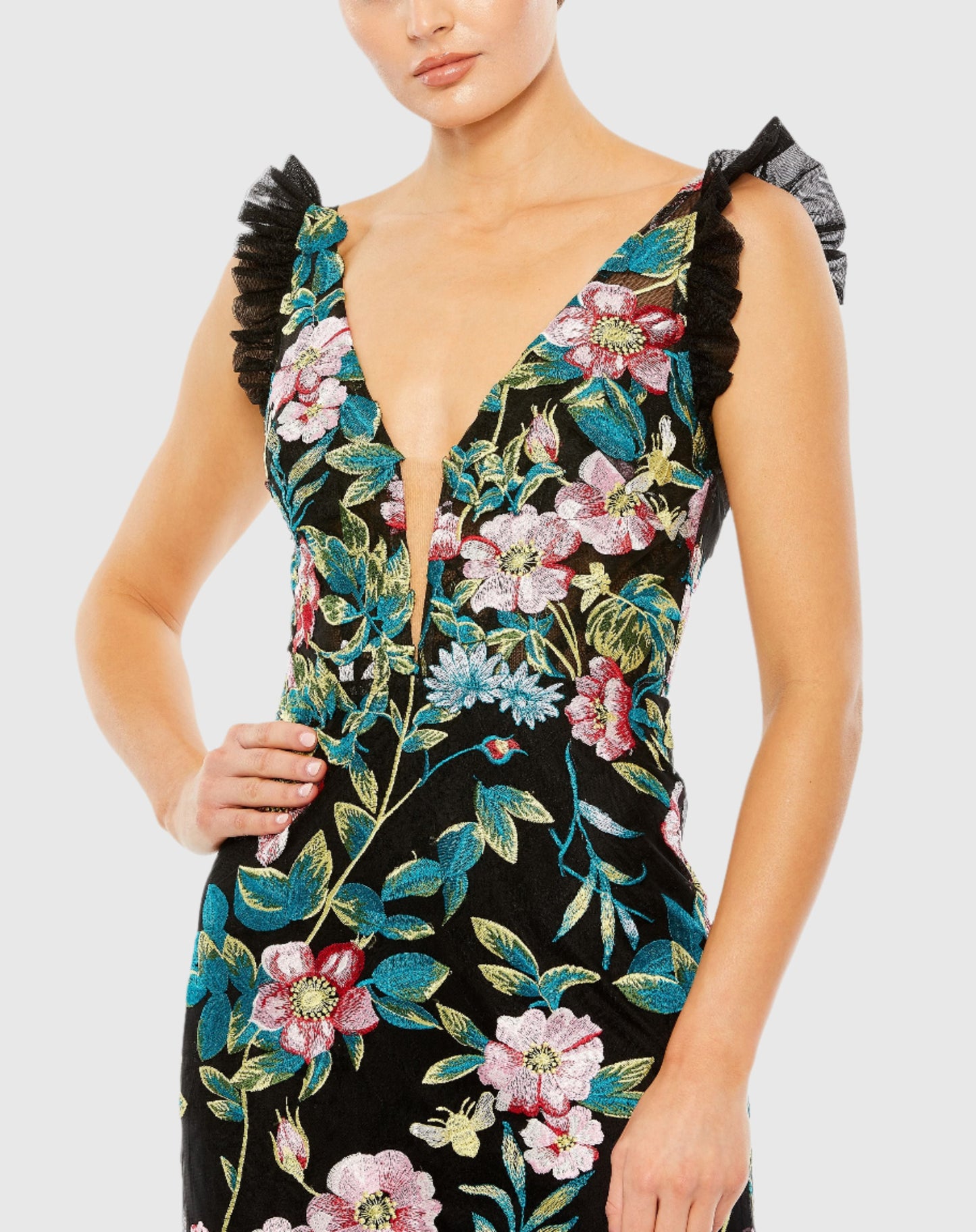 Embroidered Floral Plunge Neck Trumpet Gown